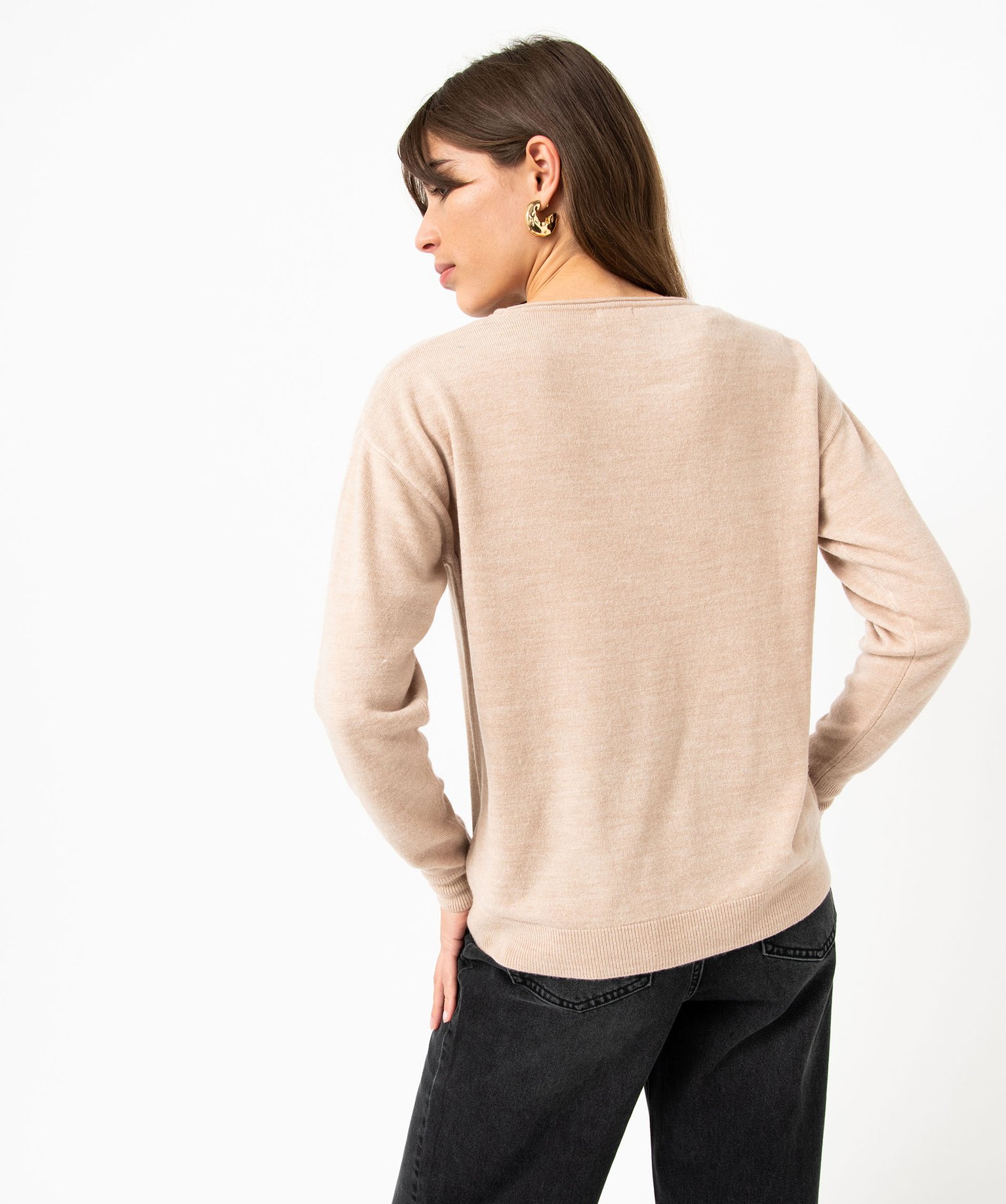 Pull à col rond finitions roulottées femme beige | GEMO