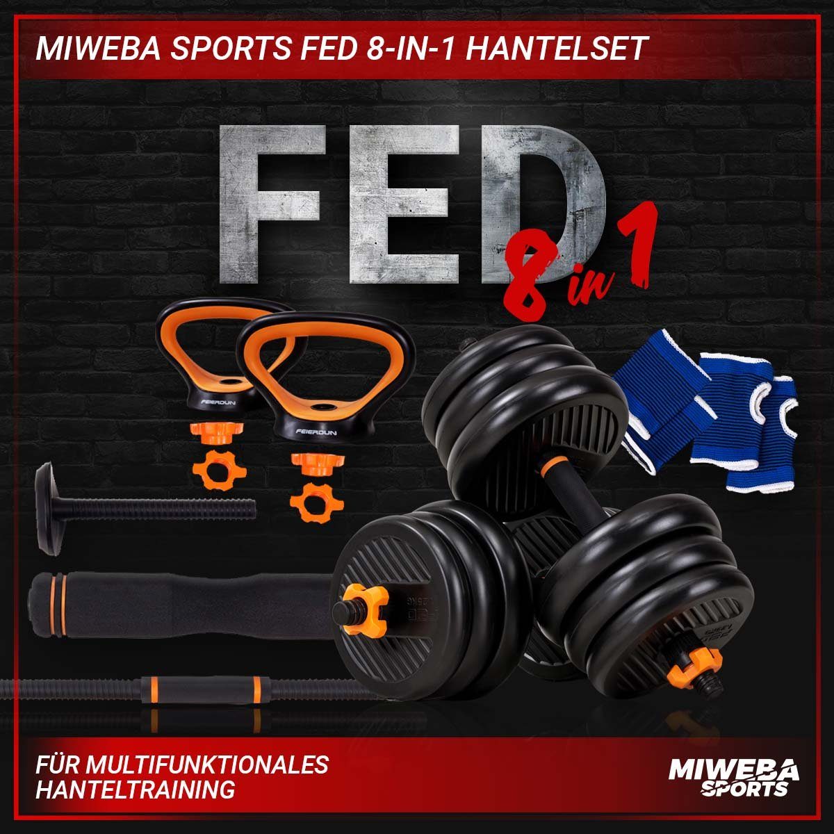 Miweba Sports Hantel-Set Premium FED 8in1 Hantel Set - 20/30 kg, (2,5-20 kg - Kurzhanteln Langhantel Kettlebell-Set Liegestützgriffe - 2 Farben - Betonfüllung - Stahl - Krafttraining Muskelaufbau Workout), Fitnesshanteln Gewichte Fitness Training Han