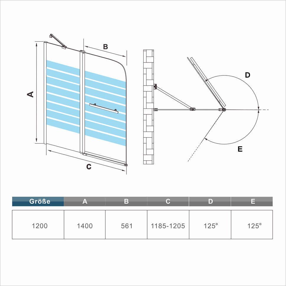 duschspa Badewannenaufsatz Drehwand Badewannenaufsatz Duschabtrennung Trennwand mit Querstreifen, Einscheibensicherheitsglas, (Set), Breite 120cm, Höhe 140cm