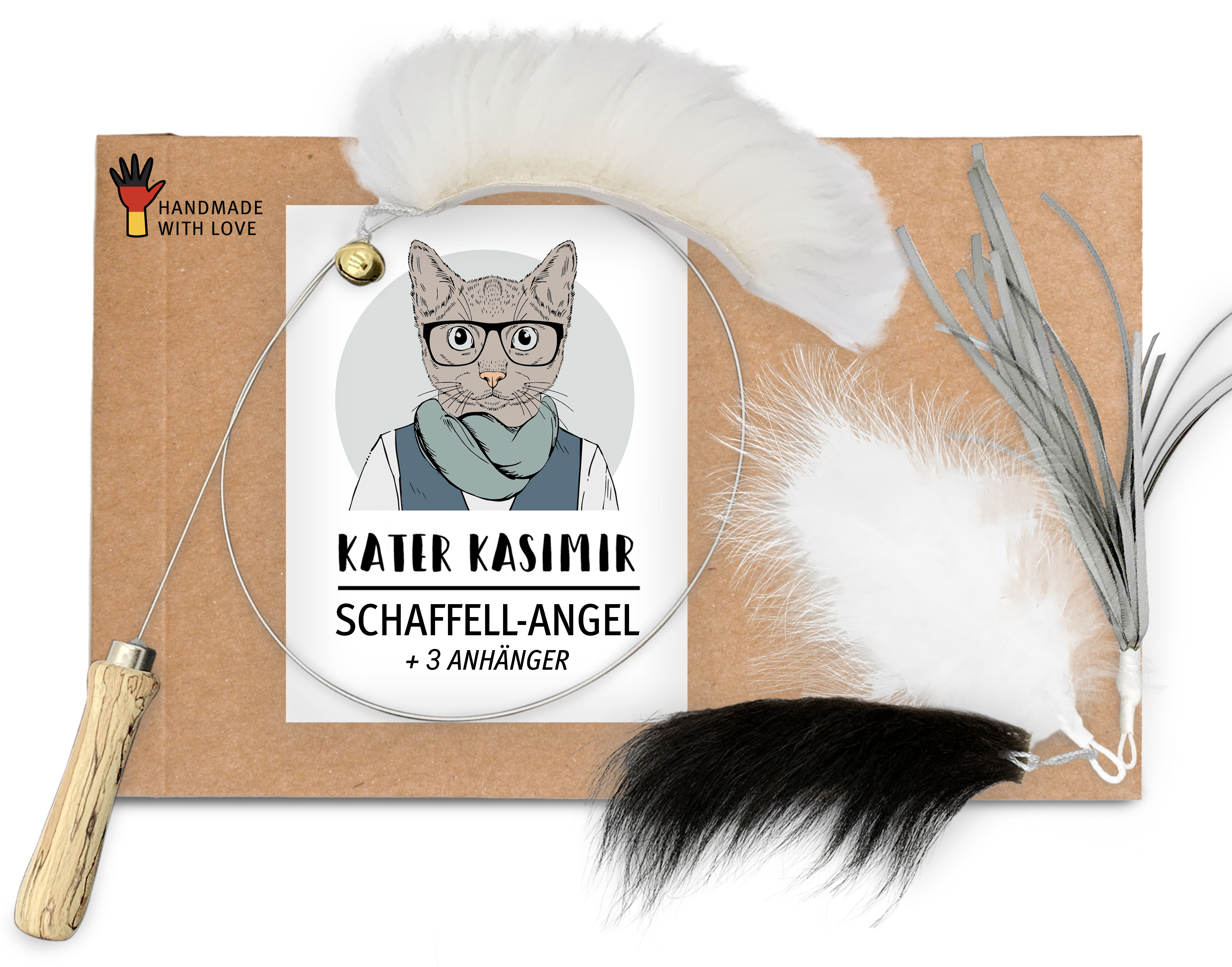 Kater Kasimir Katzenangeln Kater Kasimir Premium Katzenangel mit 4 handgemachten Anhängern aus Naturmaterial