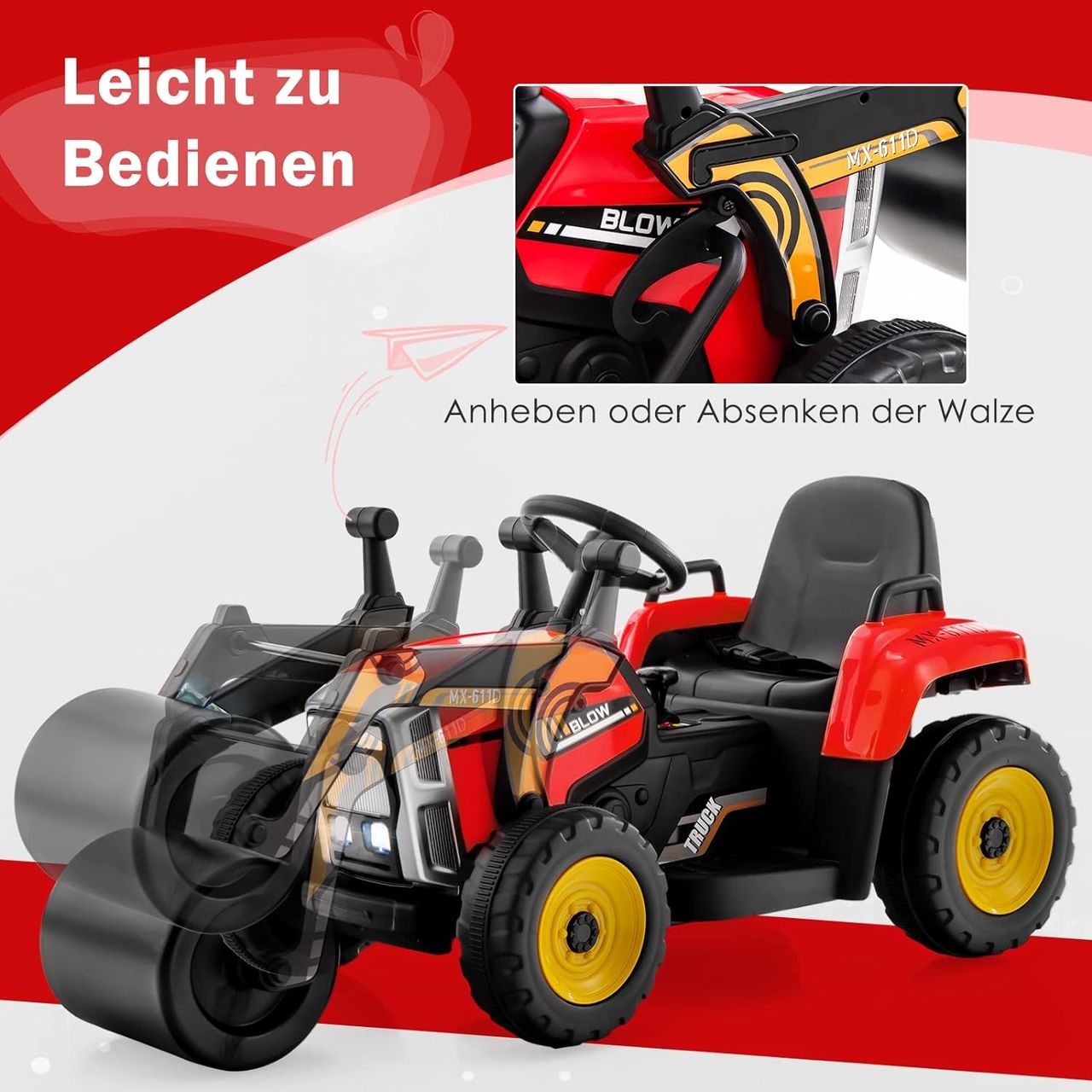 Costway 12V Kinder Walze mit Musik, Hupen und Scheinwerfer