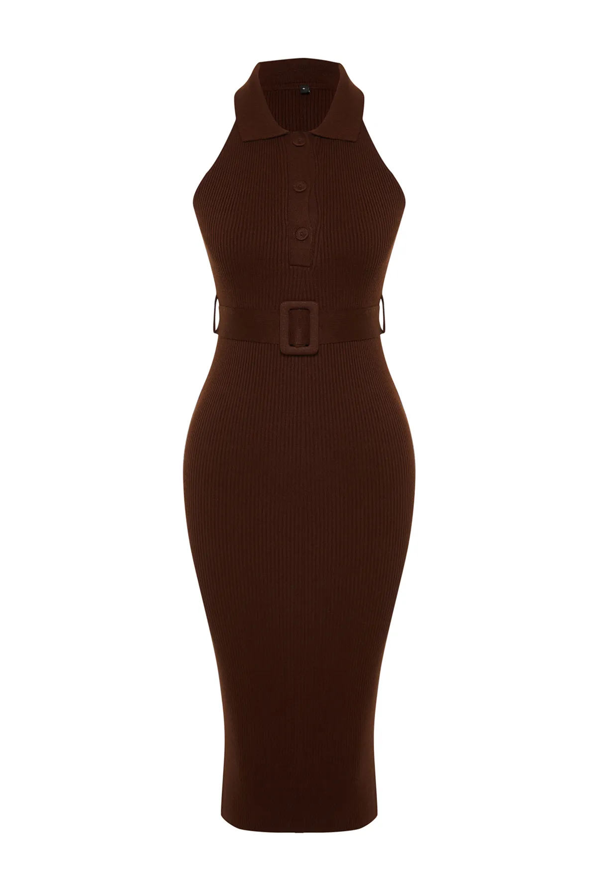 Trendyol Collection  Braunes Strick-Midikleid mit Gürteldetail TWOSS22EL1031
