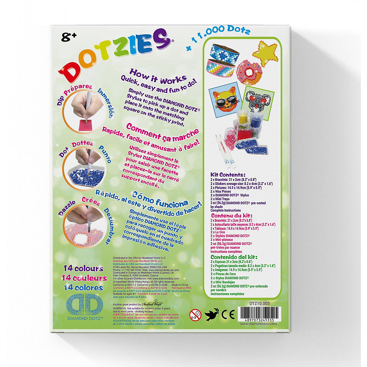 DOTZIES® Original Diamond Painting Kreativset Grün 6 teilig mit je 2 Bildern 15 x 15 cm, Stickern und Armbändern ab 8 Jahren (DTZ10.003)