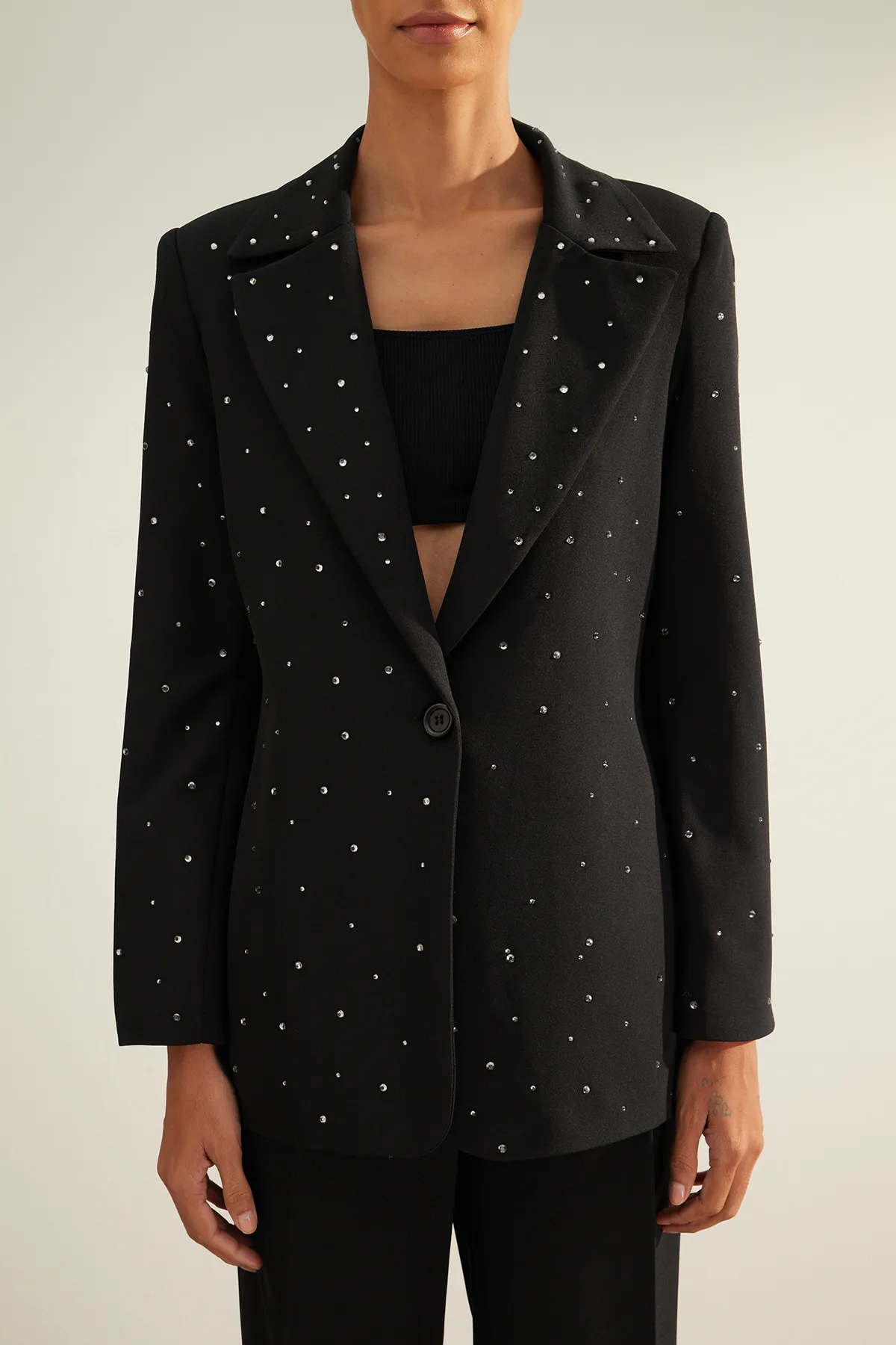 Trendyol Collection  Schwarze, regelmäßig gewebte, gefütterte Blazerjacke mit Steindetails TWOAW24BC00078