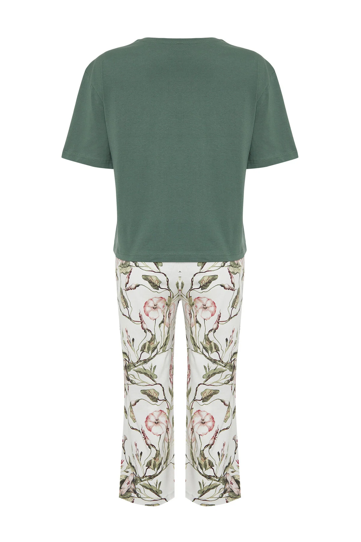 Trendyol Collection  Grünes Capri-Strick-Pyjama-Set aus 100 % Baumwolle mit Blumenmuster THMSS24PT00216
