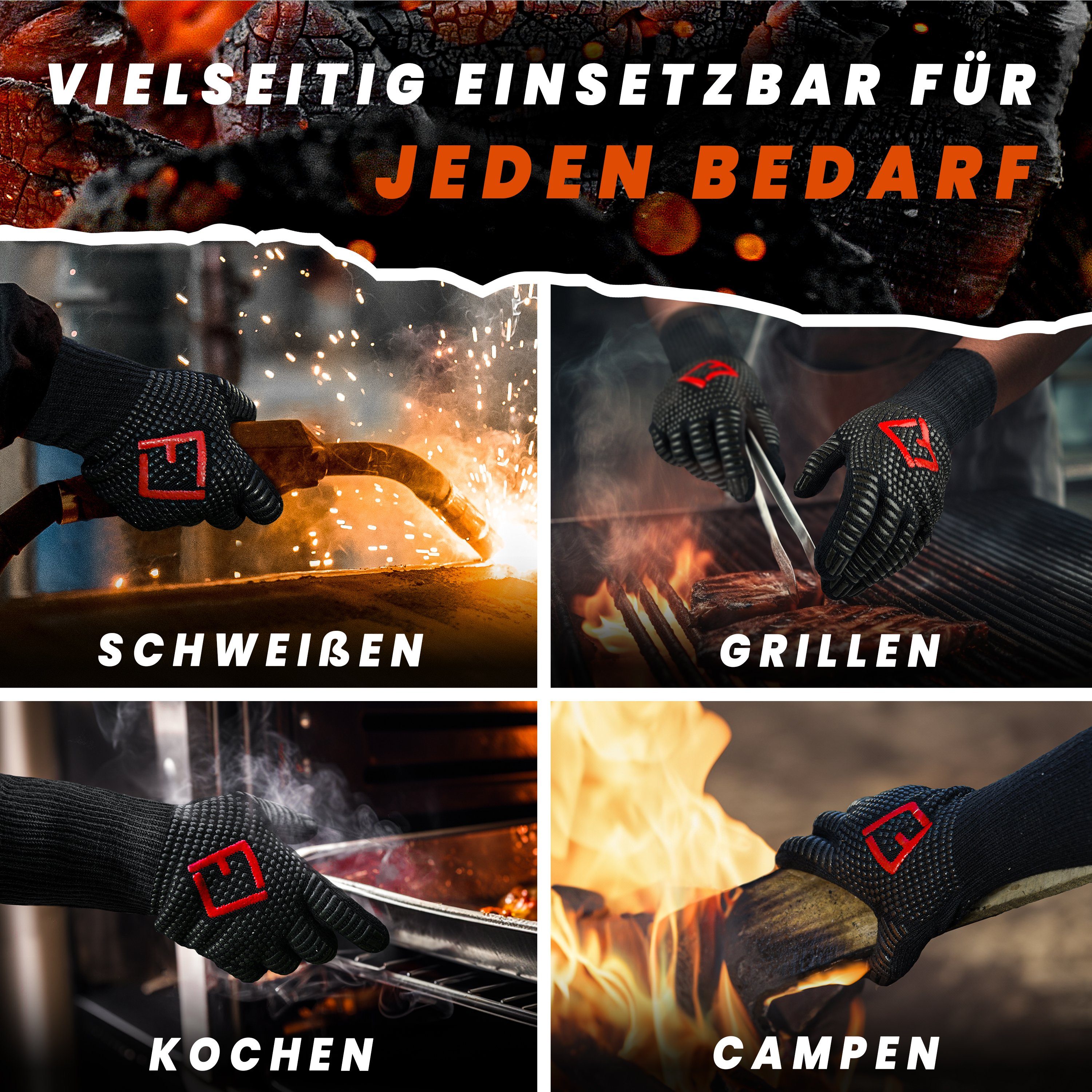 FLIPLINE® Grillhandschuhe Hitzebeständig - Premium feuerfeste Handschuhe, für Küche & Grill - BBQ Handschuhe inkl. Rezepte E-Book