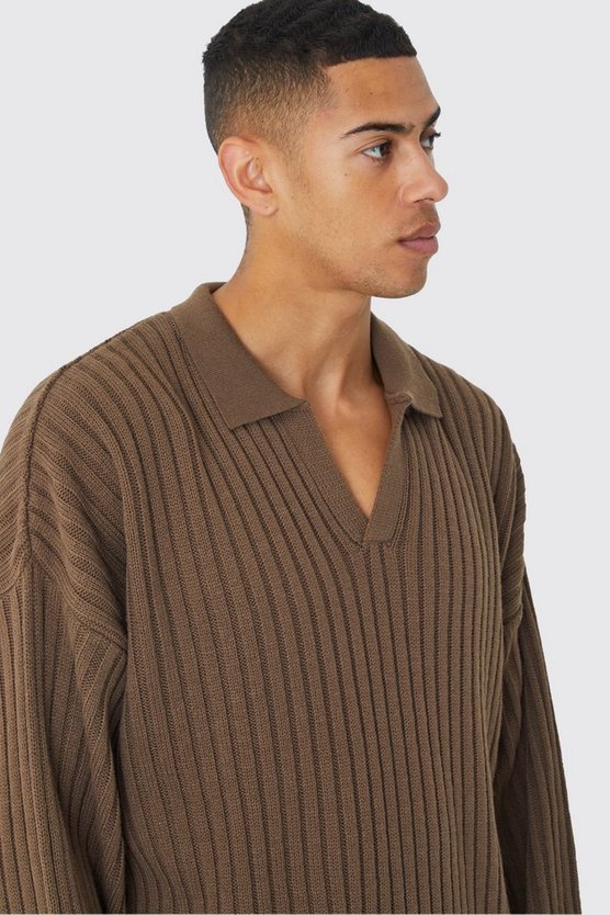 Geripptes Oversize Poloshirt mit V-Ausschnitt