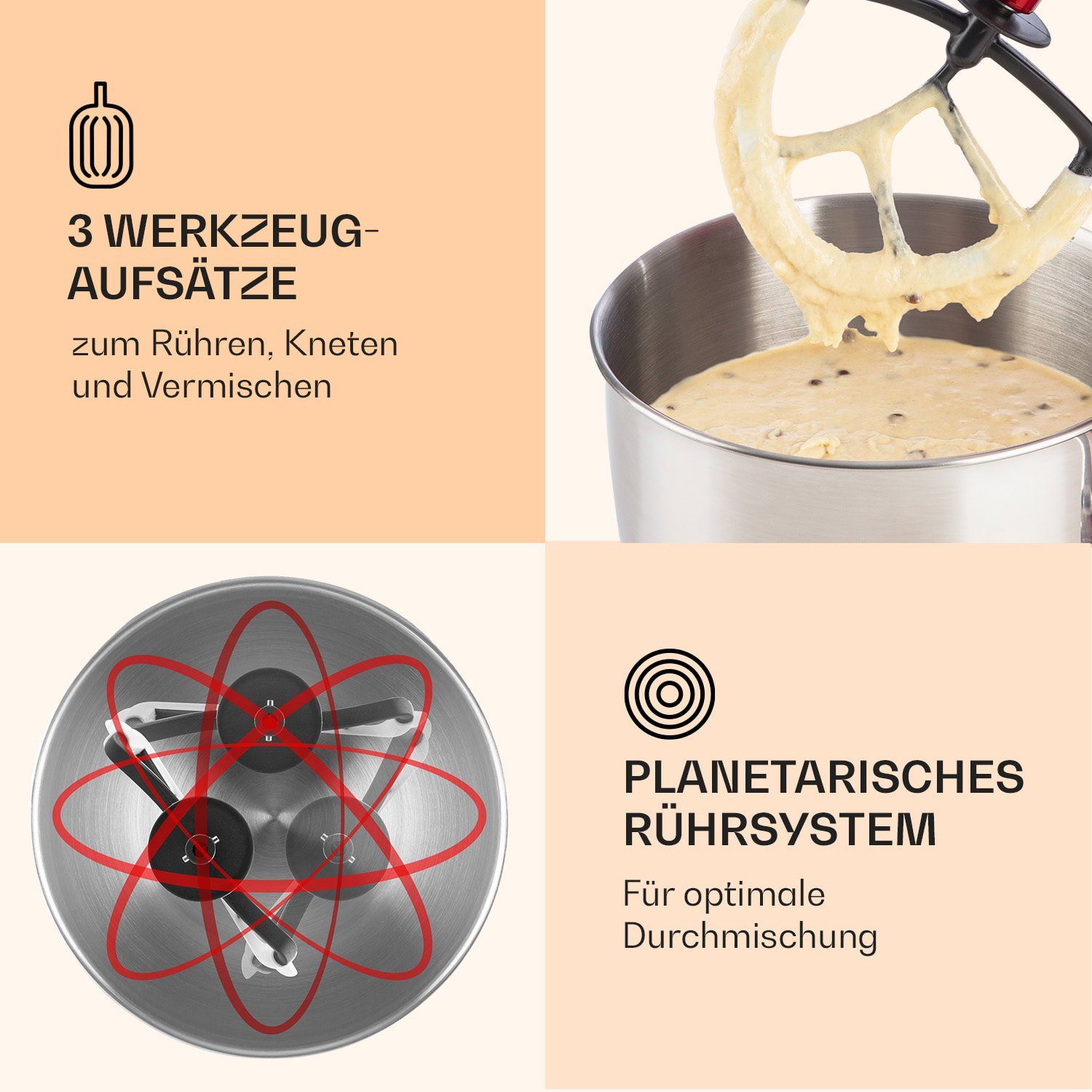 Klarstein Küchenmaschine mit Kochfunktion Lucia Rossa, 2000 W, 5.2 l Schüssel, Knetmaschine Teigmaschine Teigknetmaschine Rührmaschine Fleischwolf