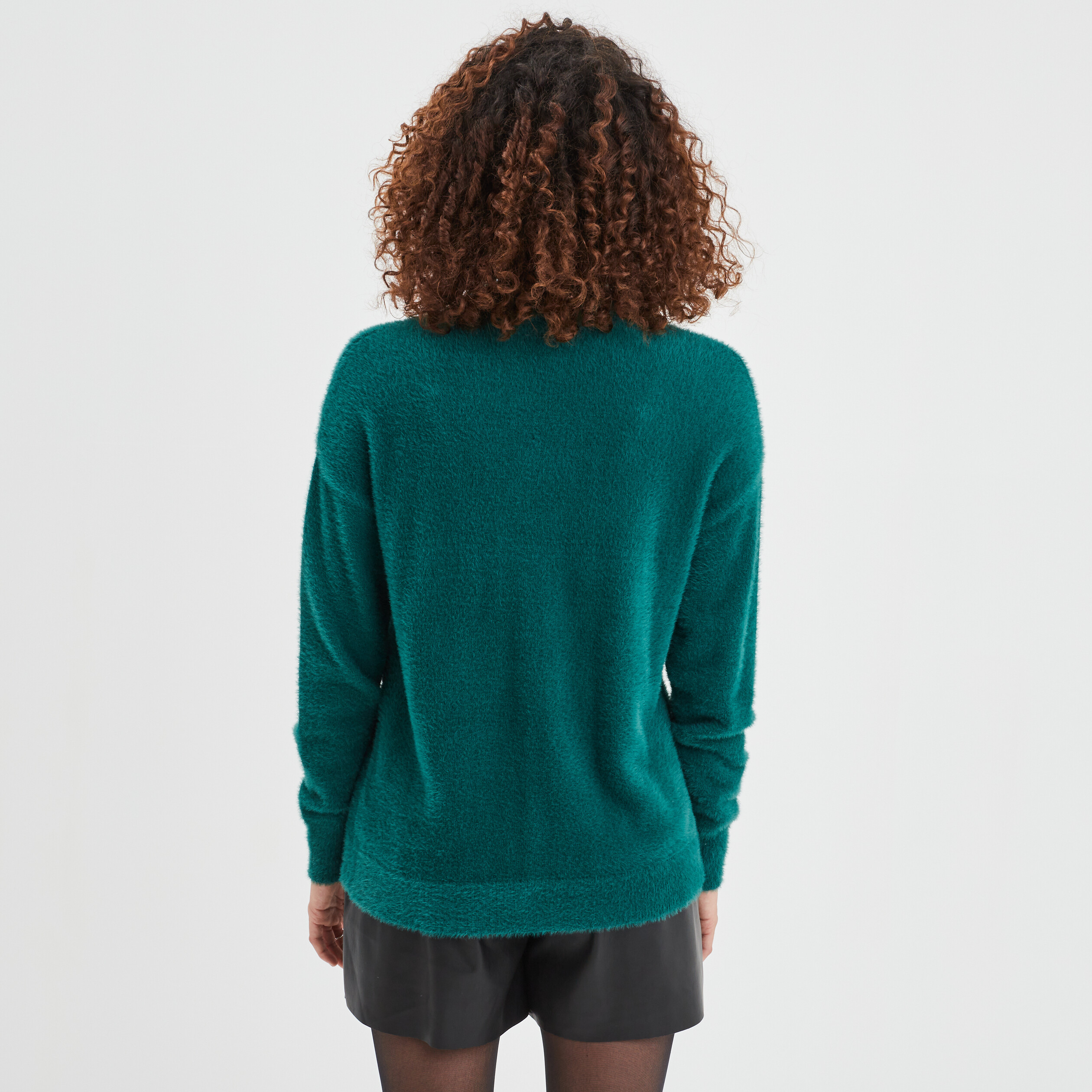 Pull mailles duveteuses col montant vert foncé femme | La Halle