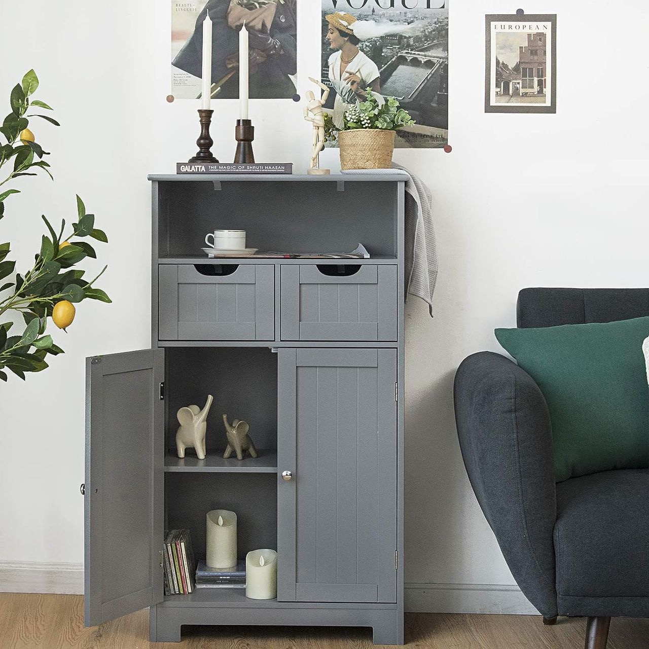 Costway COSTWAY Badezimmerschrank mit 2 Schubladen & Türen