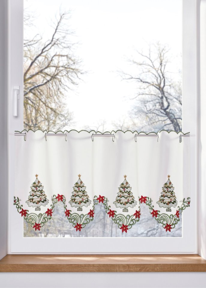 Scheibengardine mit weihnachtlicher Stickerei