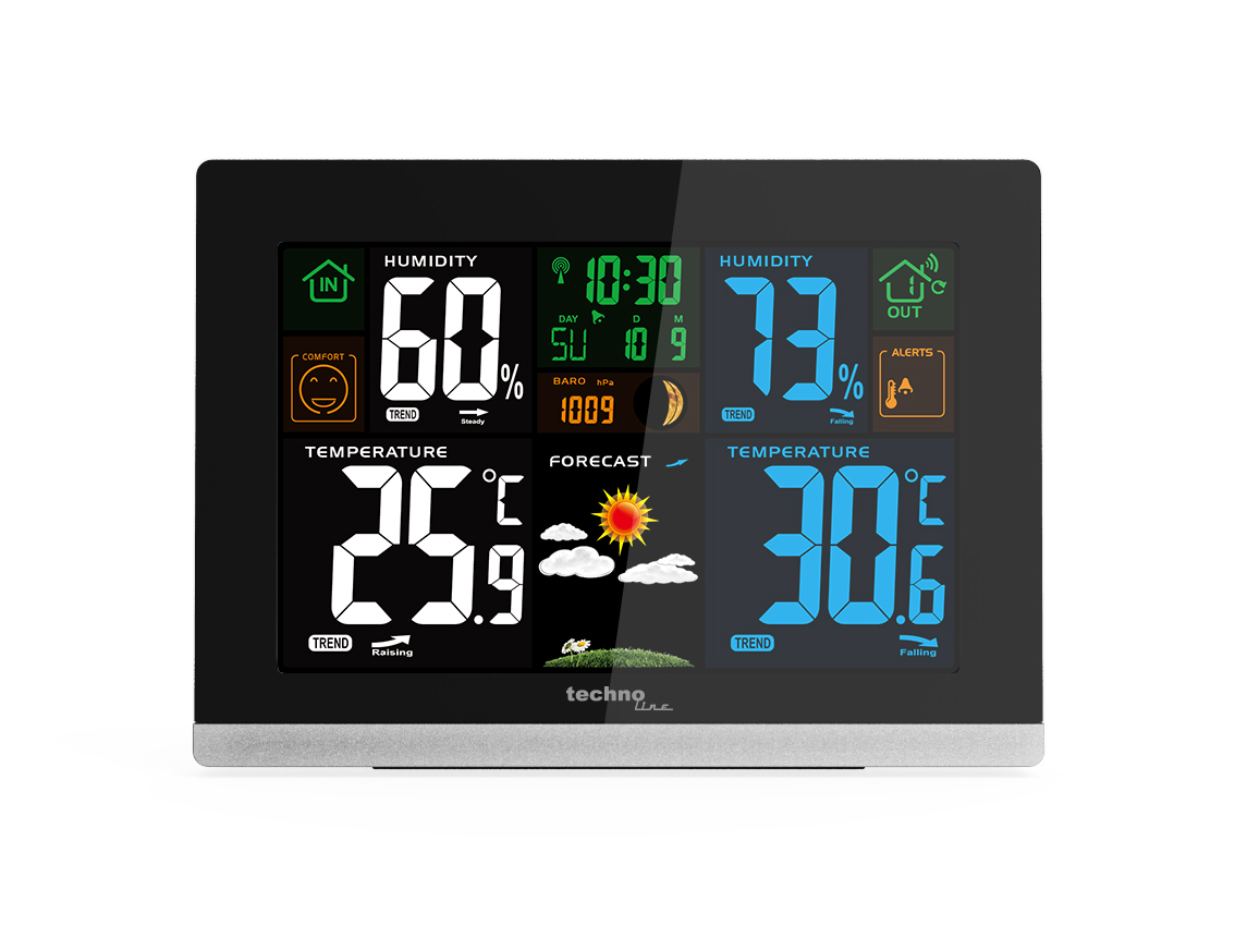Technoline WS 6462 Funkwetterstation, Innentemperatur, Außentemperatur, Luftfeuchte, Luftdruck, Tendenzanzeige, Taupunkt, Farbdisplay, Funkuhr, Mondphasen hochglanz-schwarz,quer