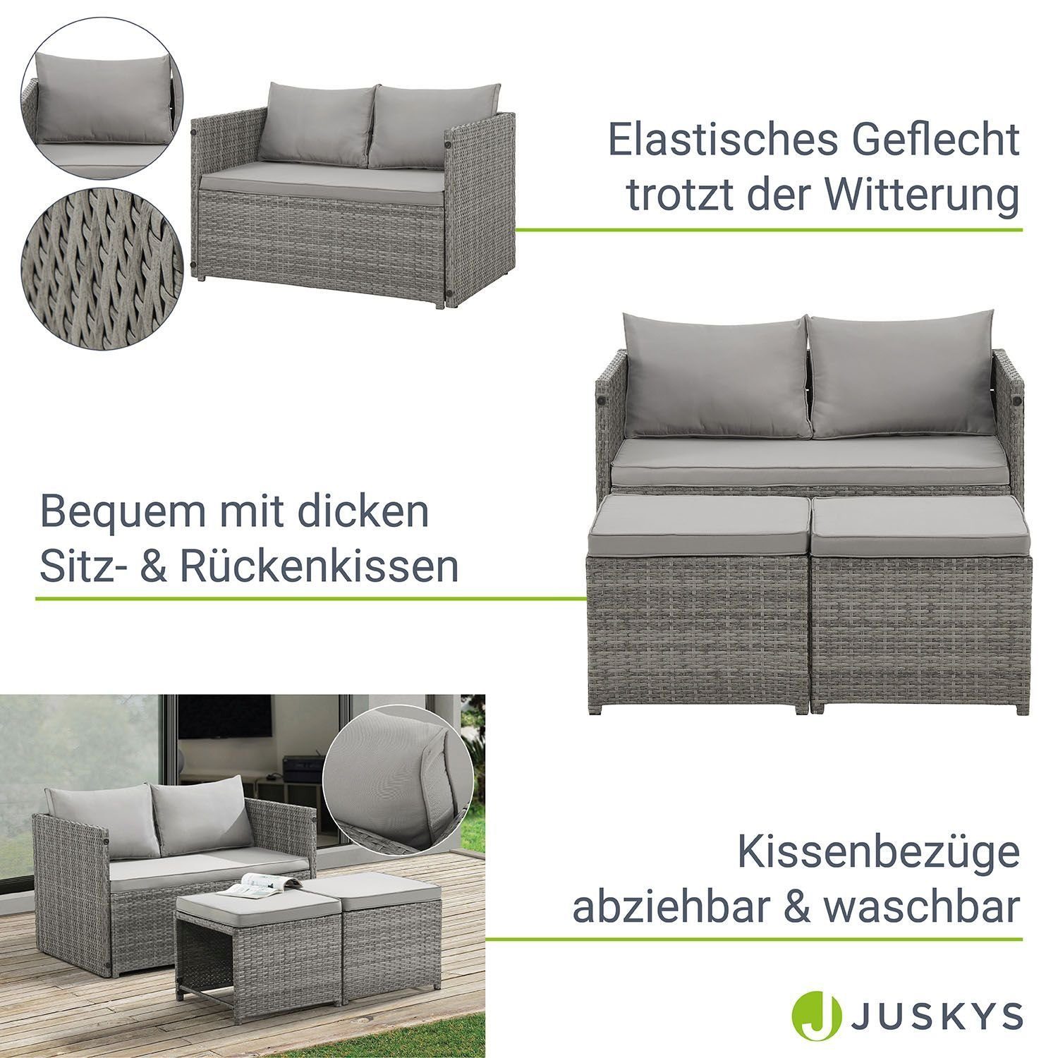 Juskys Gartenlounge-Set Jamaika, 2in1 Polyrattan Set, wetterbeständig