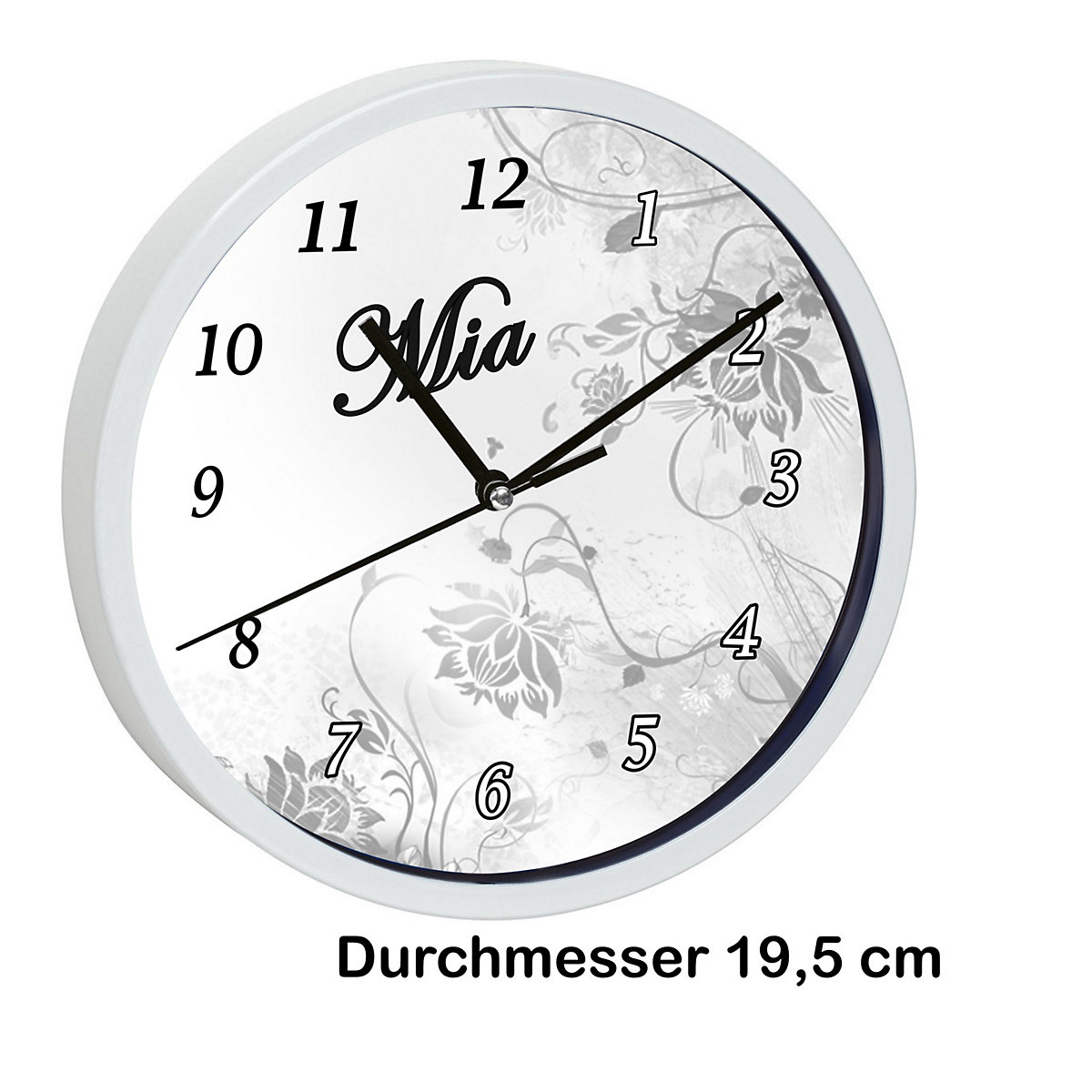 Kinder Wanduhr laufruhig personalisiert mit Name Blumenranke Grau