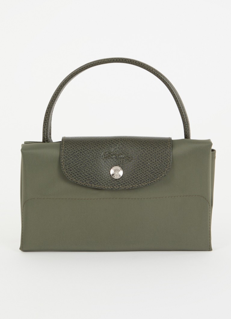 Geantă verde Longchamp Le Pliage, mărimea M, cu detalii din piele.