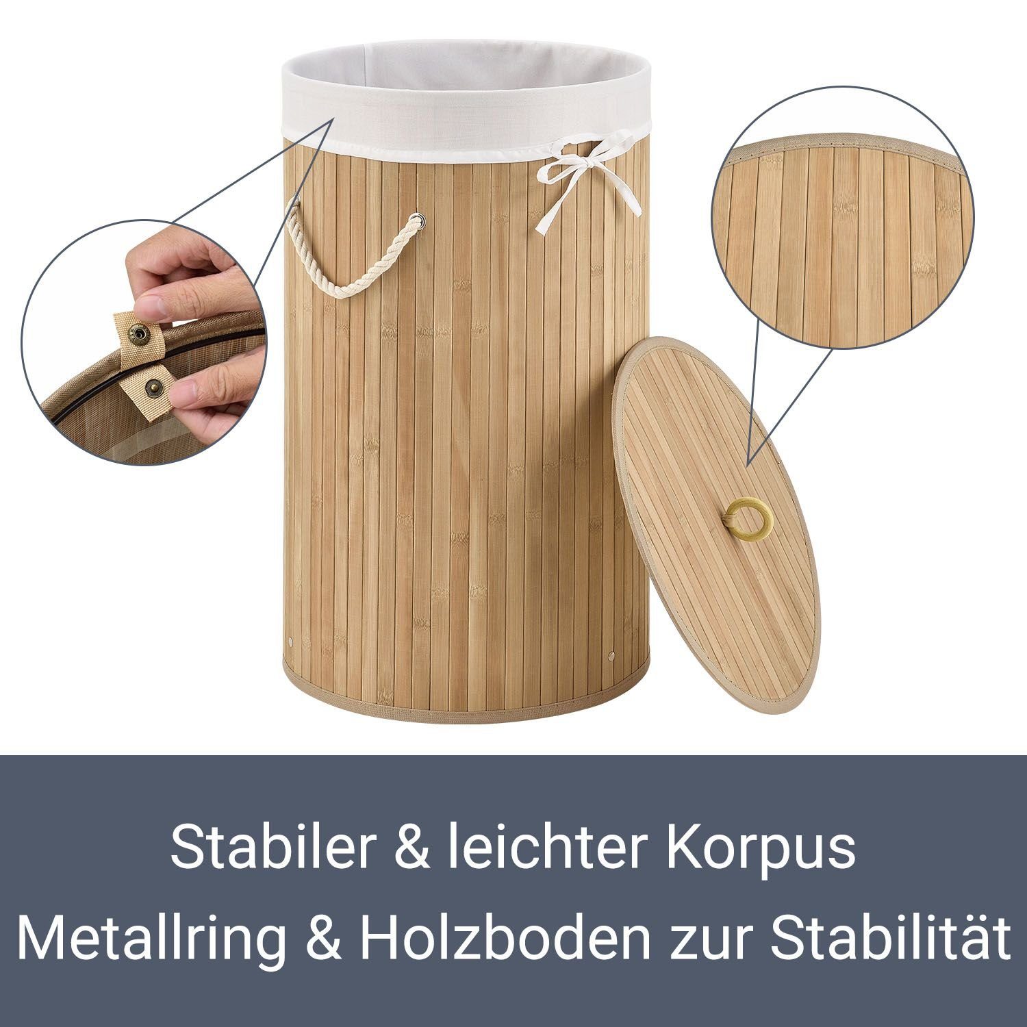Juskys Wäschekorb Curly-Round, 55 l, mit Tragegriffe, Deckel, Wäschesack waschbar, platzsparend