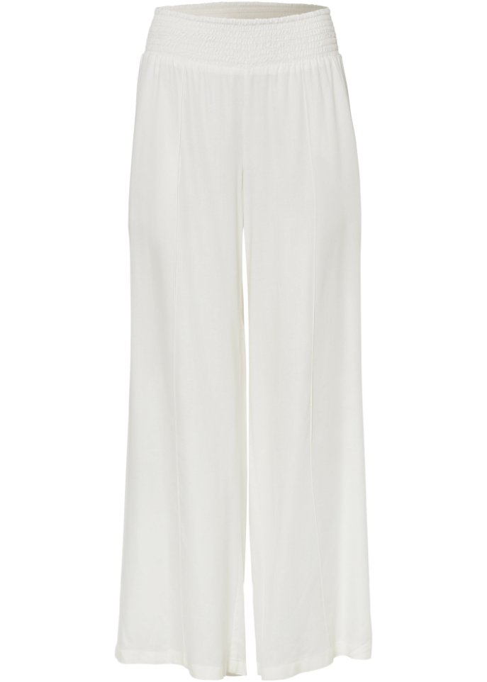Weite Hose aus Viscose mit High-Waist-Smockbund, Crepegewebe