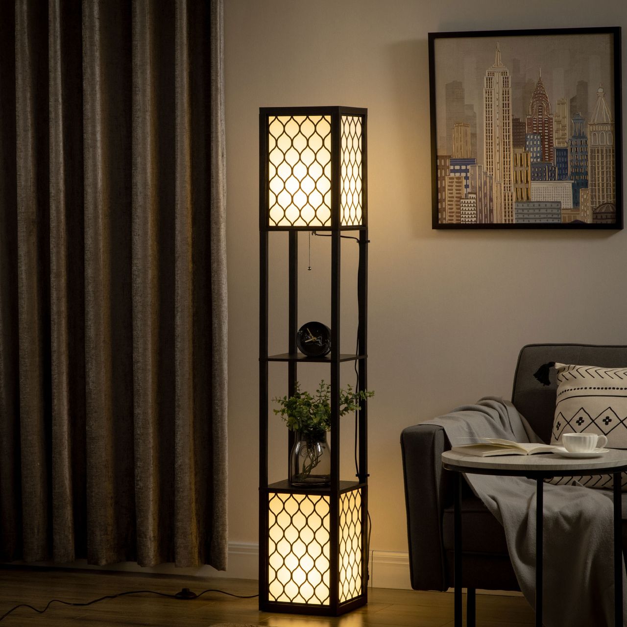 HOMCOM Stehleuchte mit Doppellicht, Regal 40 W Standlampe für Wohnzimmer Schwarz