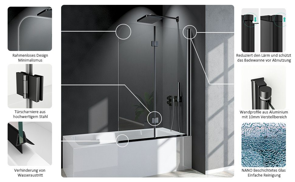 Boromal Badewannenaufsatz Badewannenfaltwand 3-teilig / 2-teilig Duschwand Faltbar für Dusche, Sicherheitsglas, Duschabtrennung, Faltwand, ESG Glas