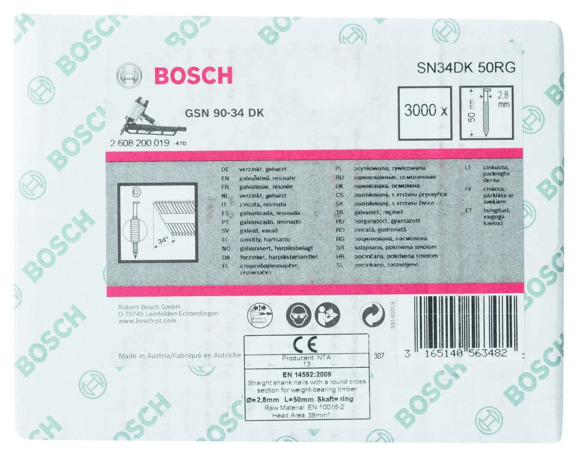 Bosch Blue Accessories 2608200019 SN34 DK 50RG Gwoździe taśmowe 34° D-Head ocynkowane z pierścieniem 50 mm 3000 sztuk