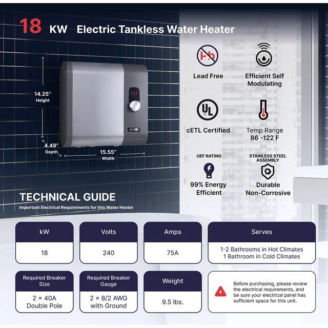 Atmor 18kW 3.73 GPM Electric Tankless Water Heater, ideal for 1 bedroom home, up to 3 simultaneous applications