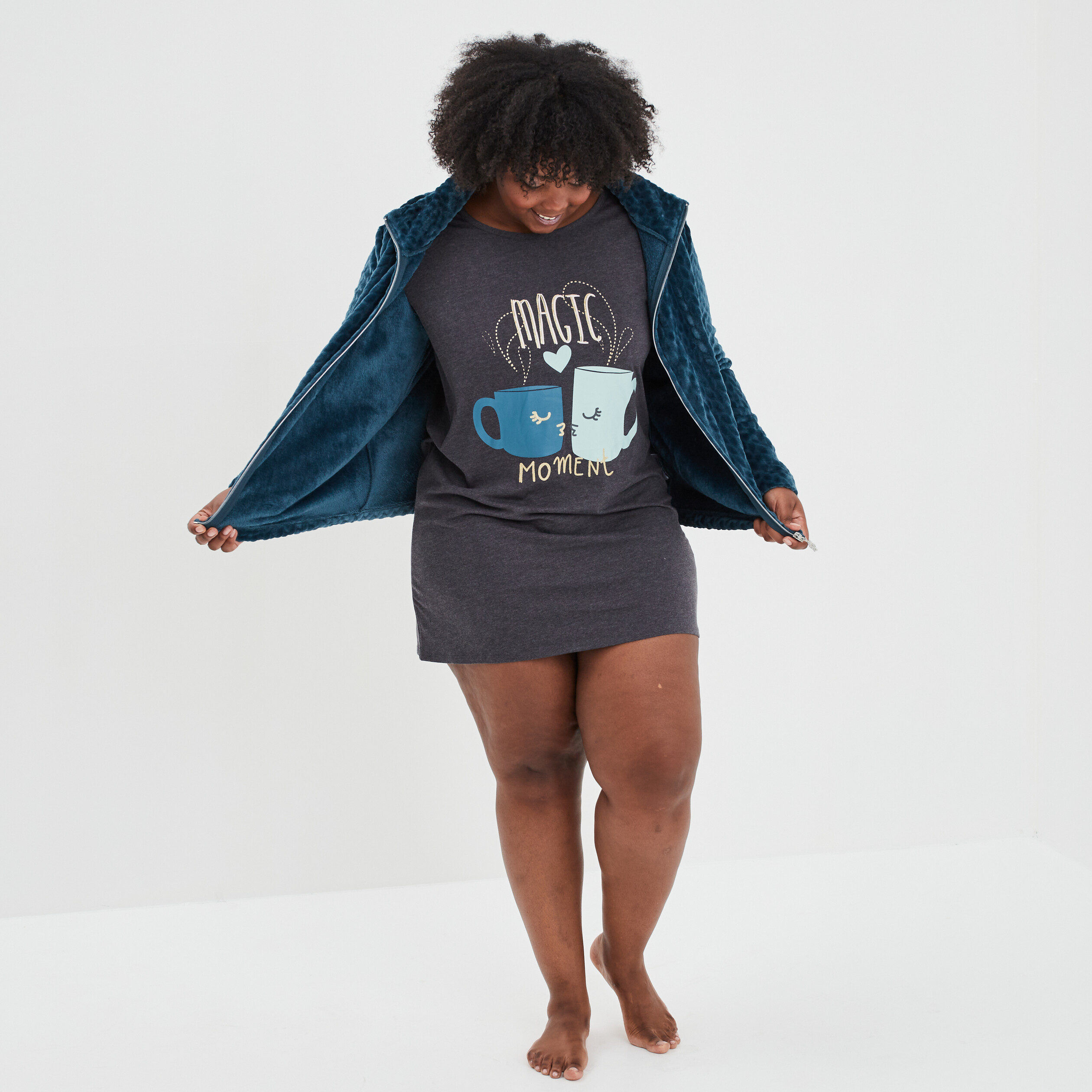 Chemise de nuit manches longues coton gris foncé femme grande taille | La Halle