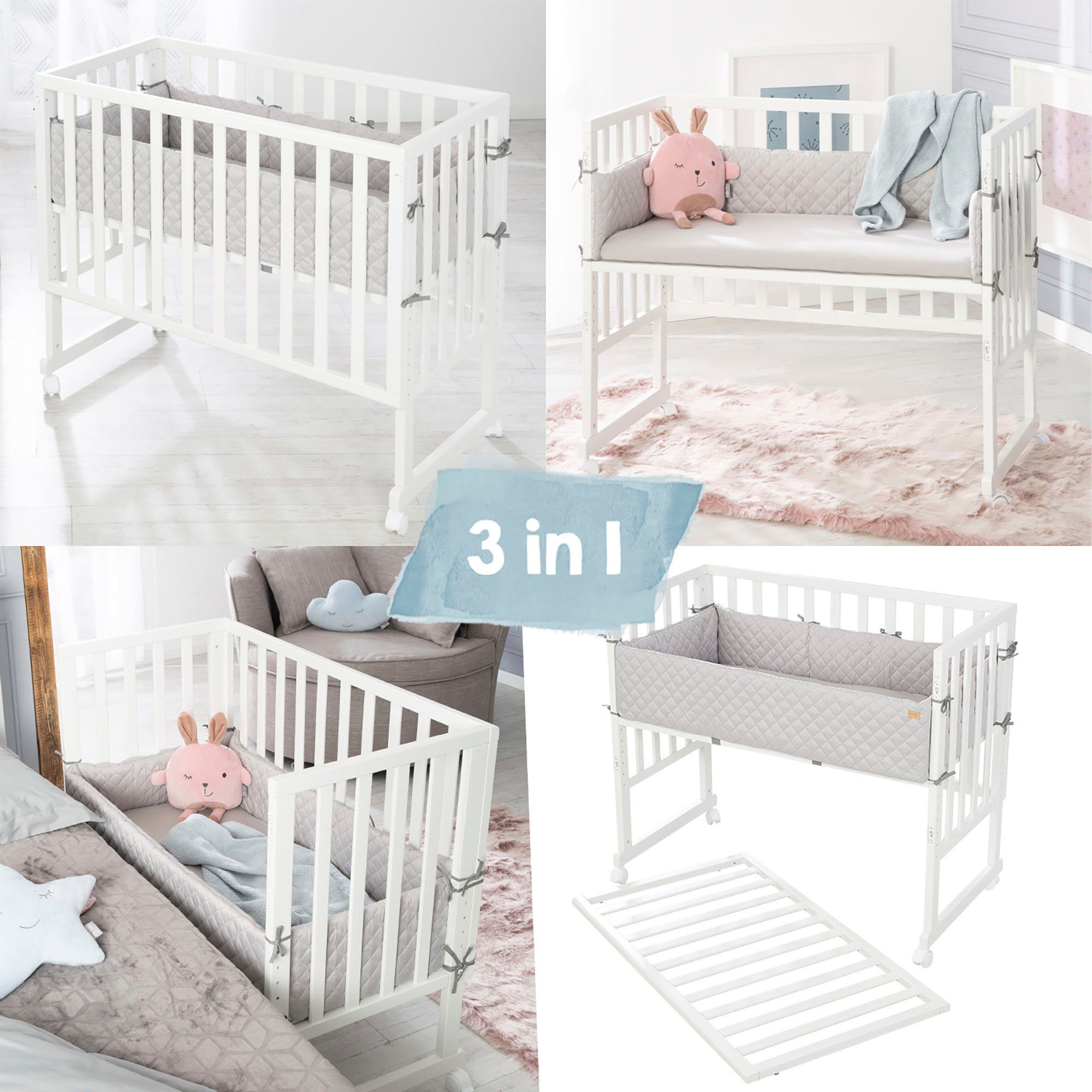 roba® Stubenbett 3in1 roba Style, weiß/silbergrau, mit 4 Rollen, Matratze, Nestchen und Sicherheitsbarriere