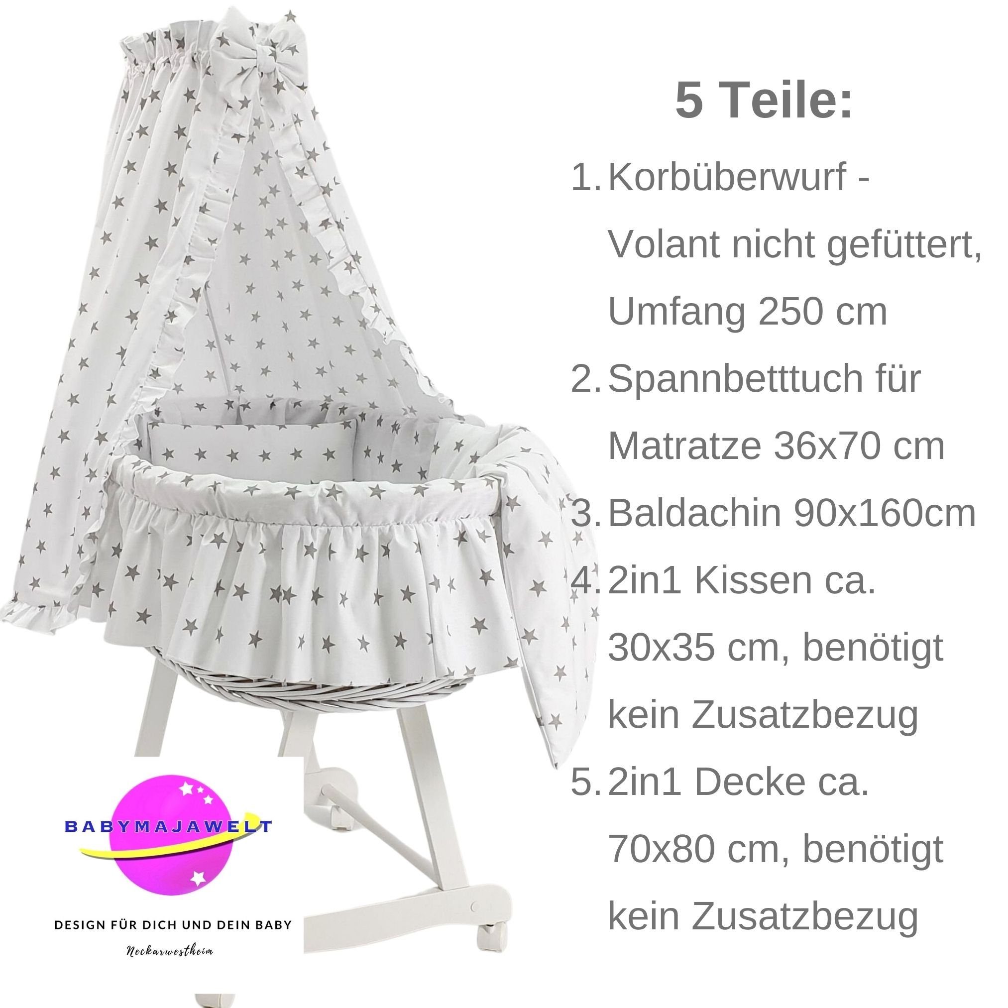 Babybettbezug Ersatz Bett Set für Stubenwagen ver. Designs, Stoff Ausstattung, Babymajawelt (5 St), Limited, Luftig Leicht, Allergiker geeignet, Fabelhaft - Made in EU