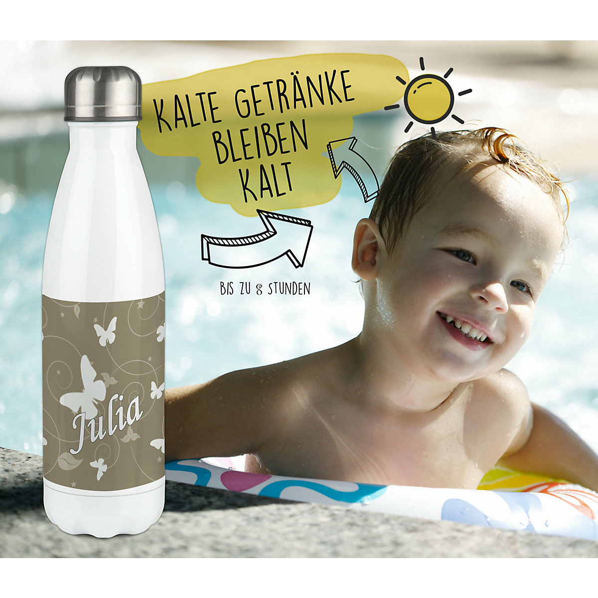 Edelstahl Kinder Thermoflasche / Trinkflasche bunt Schmetterling Ornamente Farbe cappuchino Spülmaschinenfest, Auslaufsicher, Bruchfest, Doppelwandig, Für Heißgetränke geeignet, Mit Deckel, Isolie