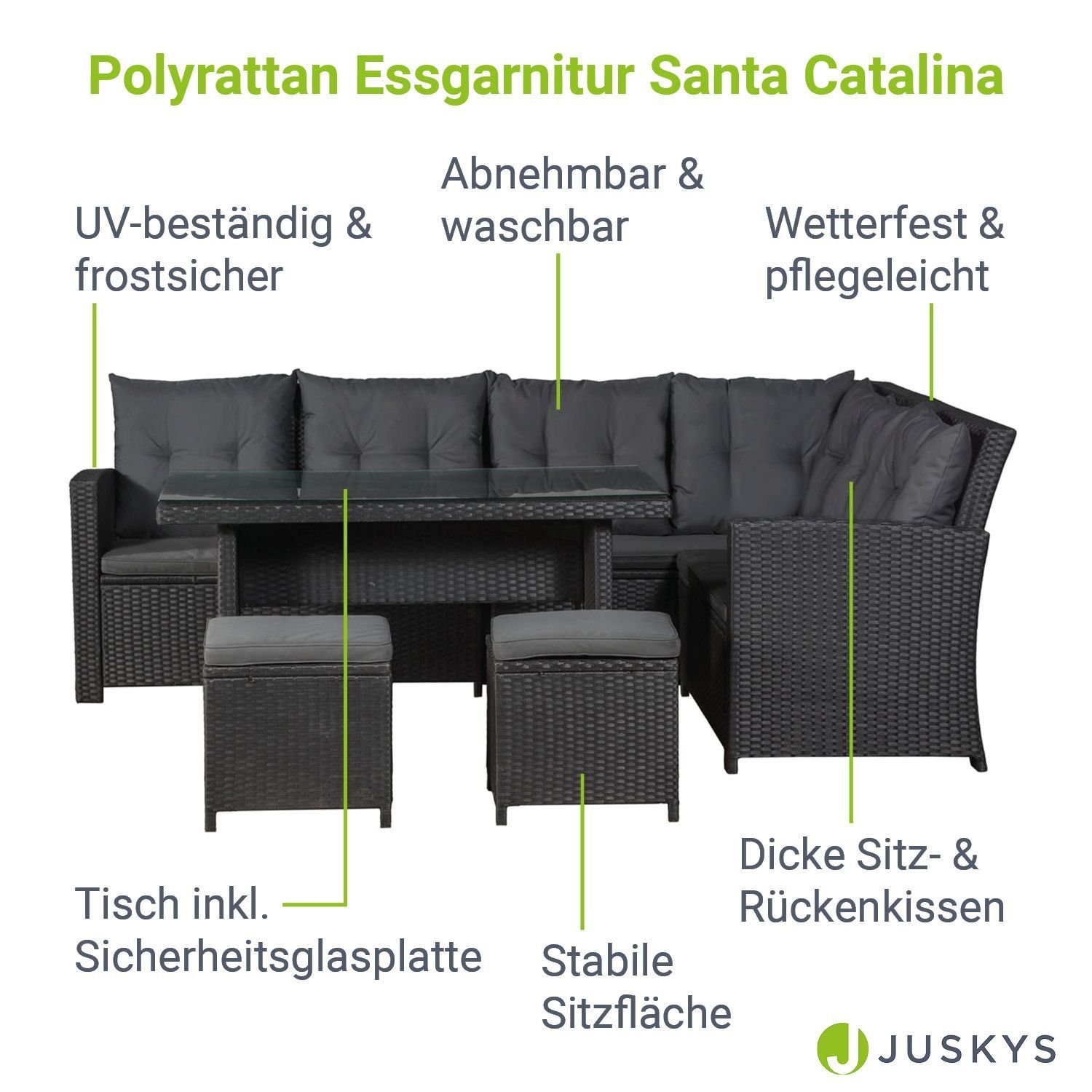 Juskys Gartenlounge-Set Santa Catalina, (Set, Sitzgruppe), 2 zusätzliche Hocker, Tisch mit Glasplatte, Waschbare Bezüge