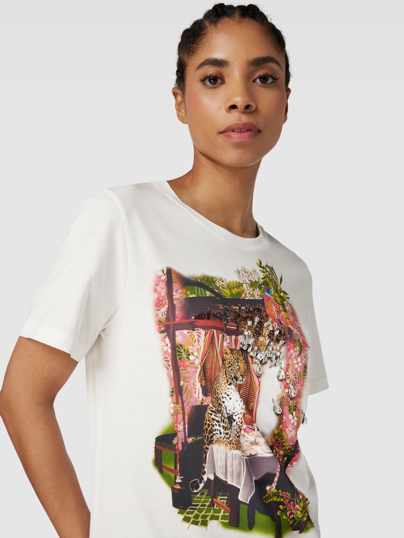 T-Shirt mit Motiv-Print und Ziersteinbesatz in offwhite