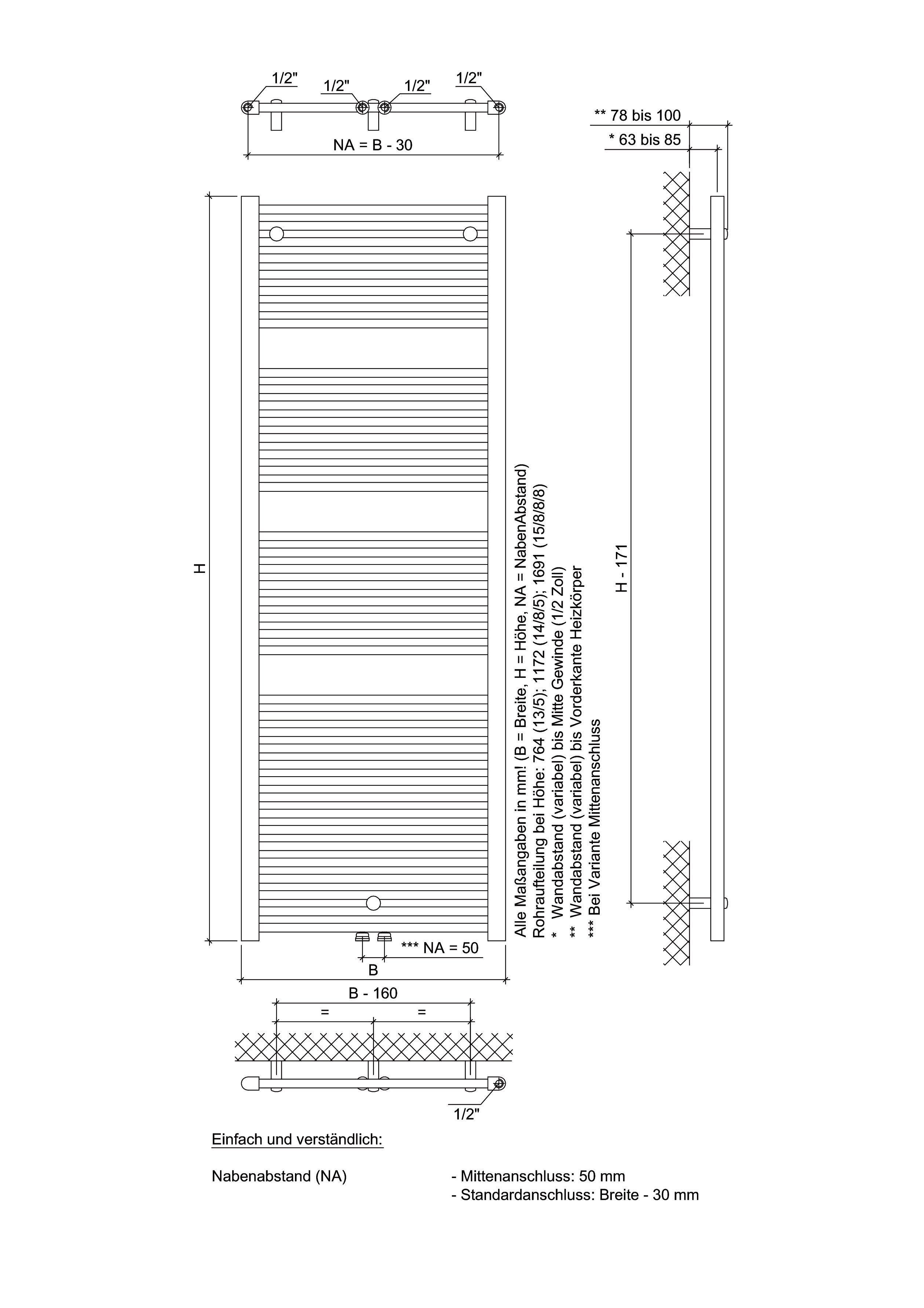 Ximax Badheizkörper Tip 1172 mm x 600 mm, 680 Watt, Mittenanschluss, weiß