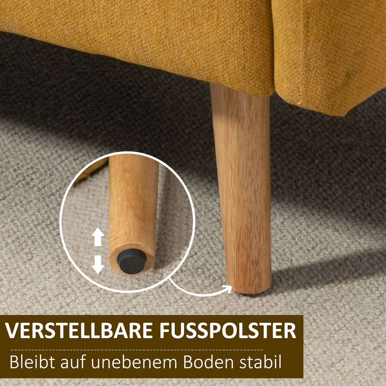 HOMCOM Doppelsofa Polsterung mit Kissen Stoff Loveseat kompaktes Design Moderne Zweisitzer einstellbare Höhe der Fußrasten samtartiges Polyester Gummiholz Schaumstoff Natur Gelb 130 x 70 x 80 cm