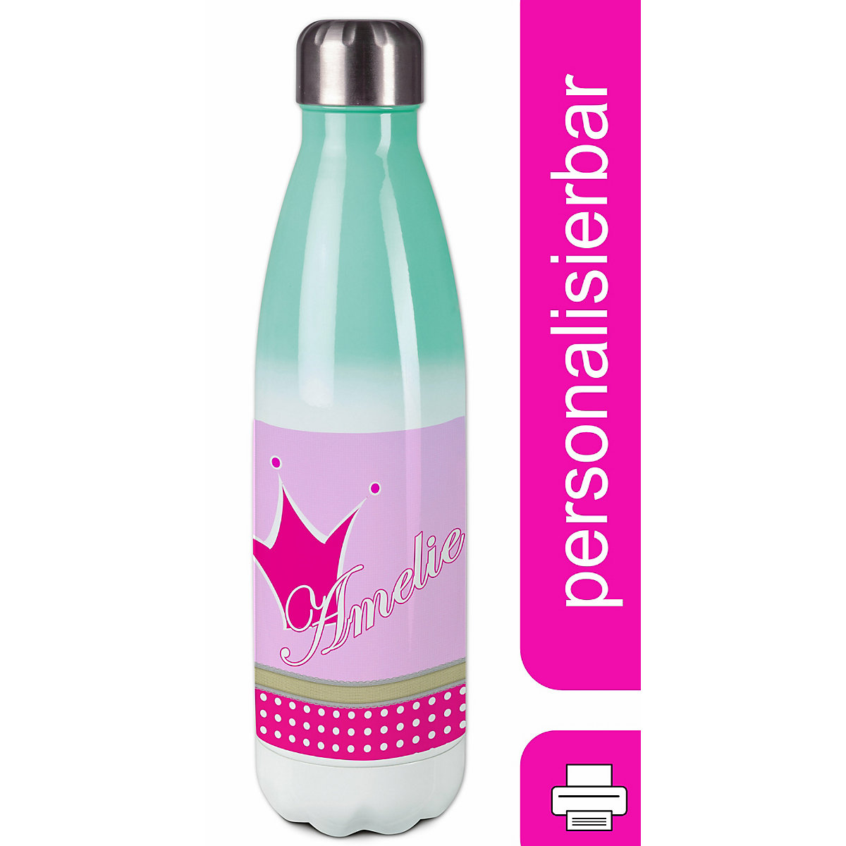 Edelstahl Kinder Thermoflasche / Trinkflasche bunt Krone Farbe pink Spülmaschinenfest, Auslaufsicher, Bruchfest, Doppelwandig, Für Heißgetränke geeignet, Mit Deckel, Isoliert