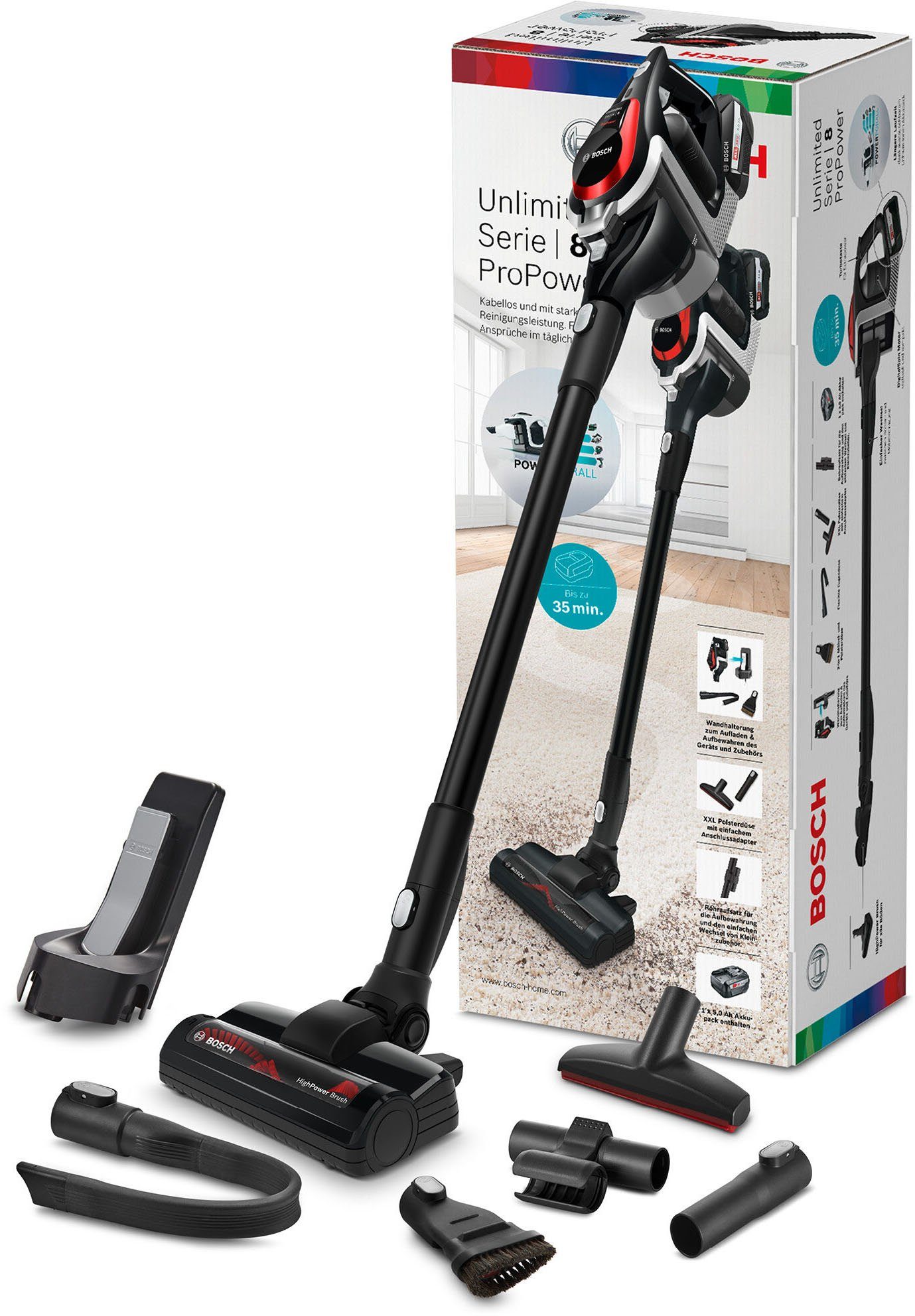 BOSCH Akku-Stielstaubsauger Unlimited ProPower BSS81POW1, Serie 8, schwarz, beutellos, 18V Bosch Power for ALL, 5,0 Ah Akku, inkl. umfangreichem Zubehör