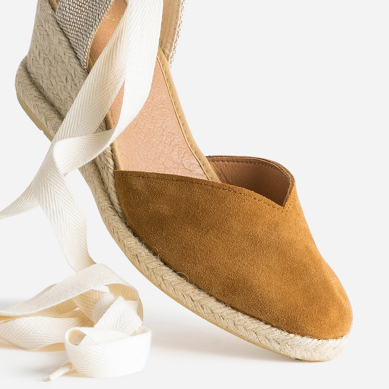 Espadrille compensée camel en cuir velours