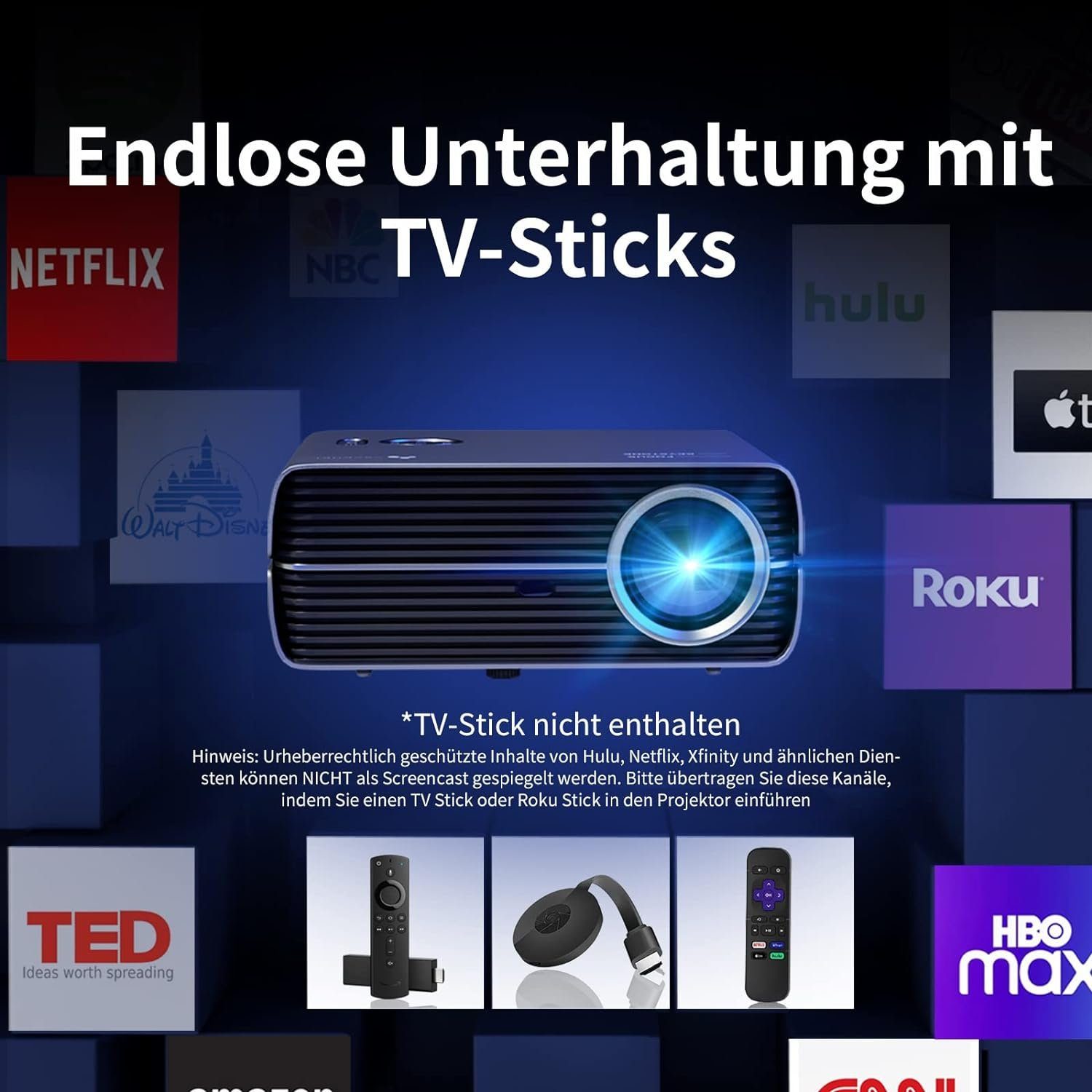 Asakuki Native1080P 5G WLAN Bluetooth, Deckenmontage Portabler Projektor (12000 lm, 12000:1, 1920 x 1080 px, Maximale 200