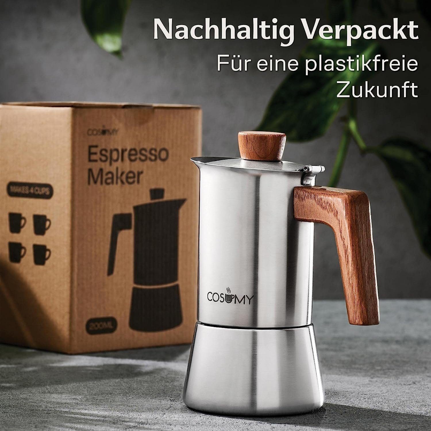 Cosumy Espressokocher Espressokocher 200ml mit Holzgriff, Induktionsgeeignet, FSC-zertifiziertes Eichenholz