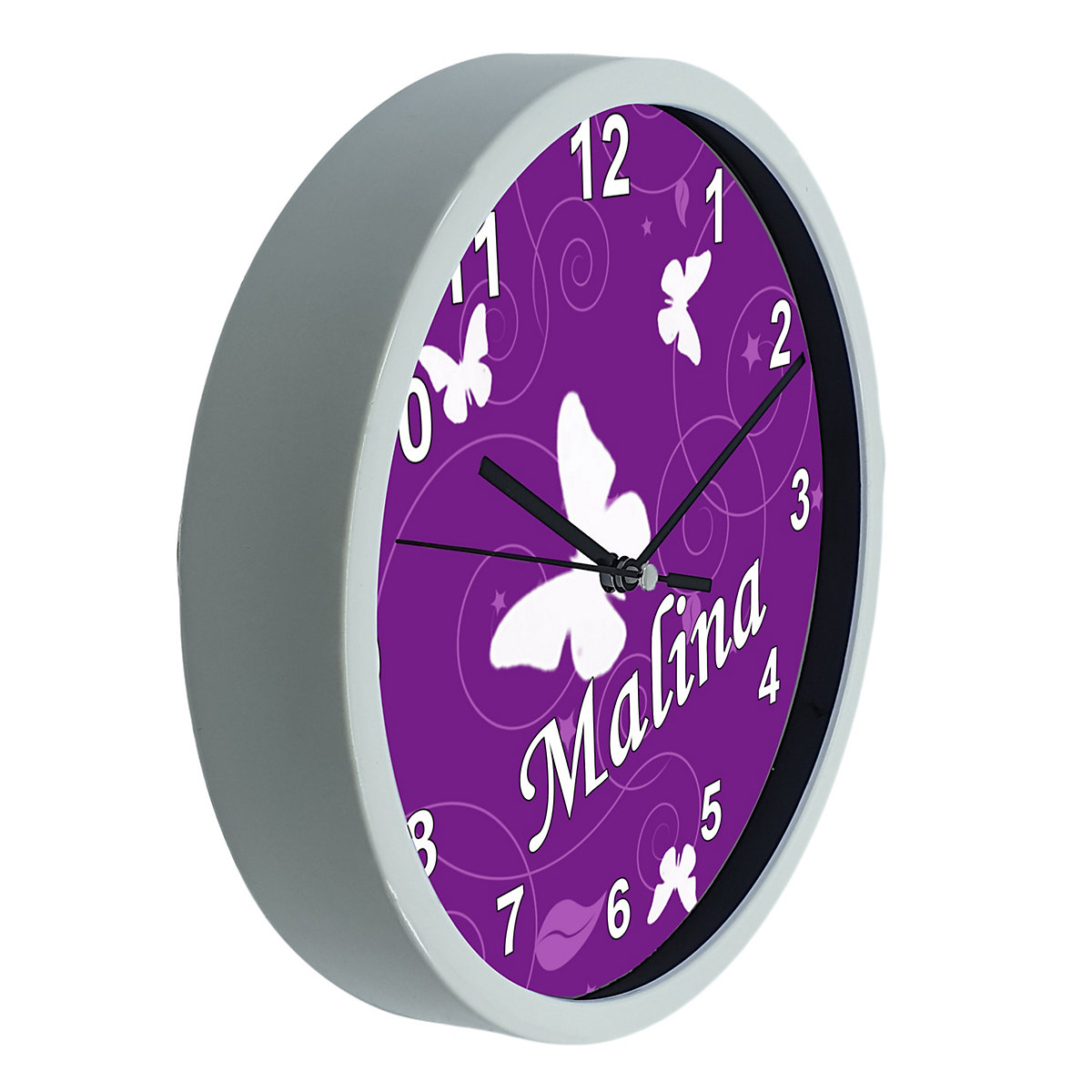 Kinder Wanduhr personalisiert mit Name Schmetterling Lila