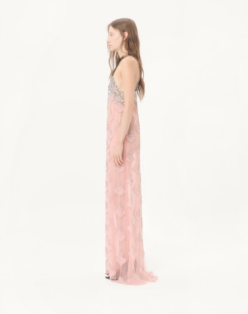 Vestido longo de tule com bordado ilusão