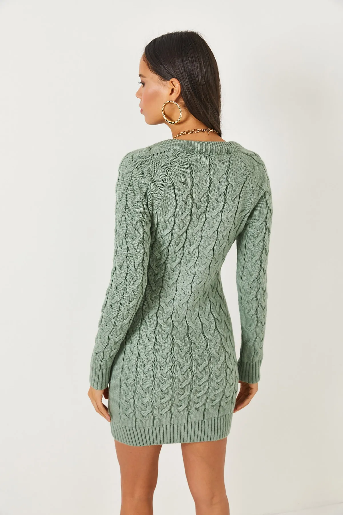 Olalook  Wassergrünes, geflochtenes Strickkleid mit Reißverschluss ELB-19001362