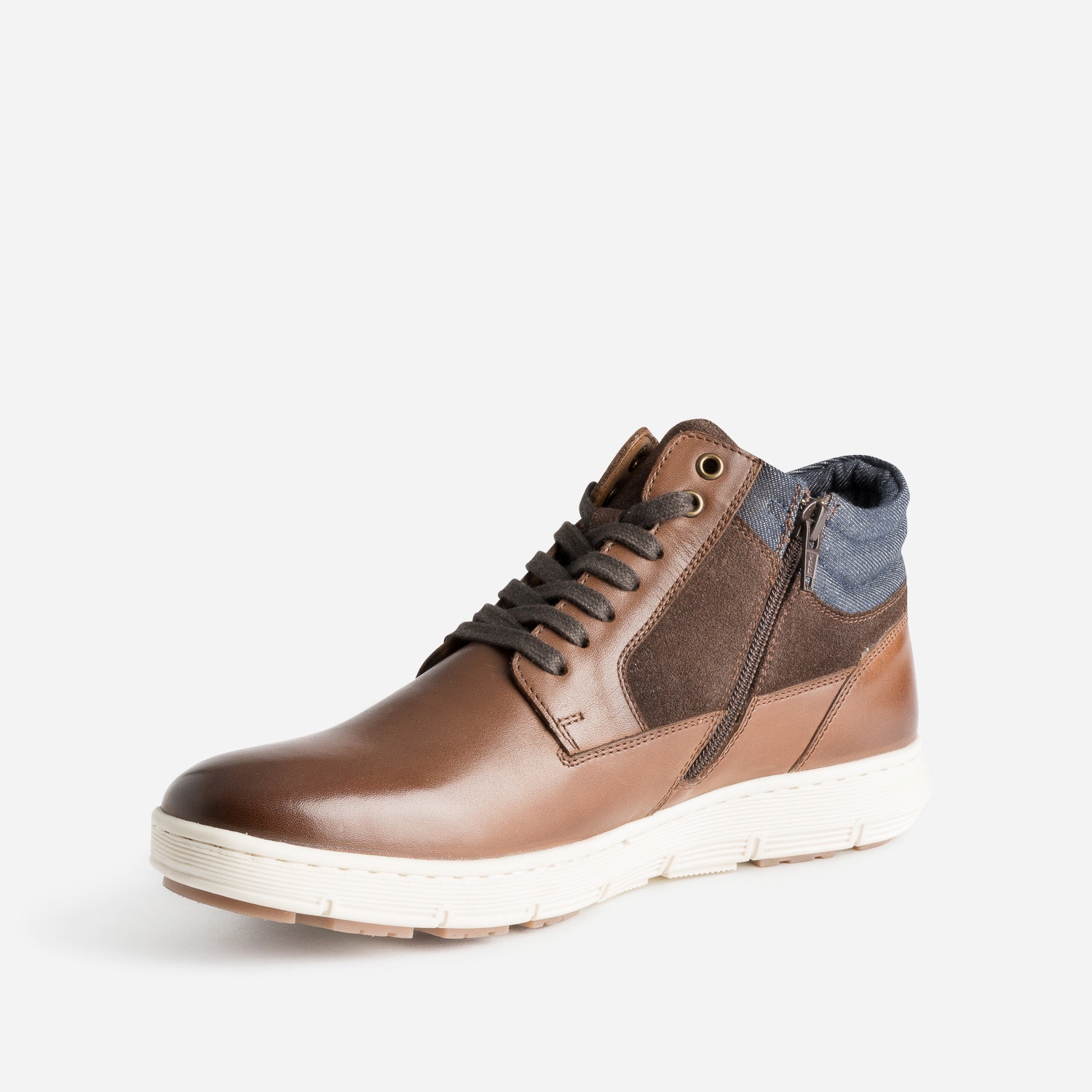 Basket cognac en cuir et textile marine