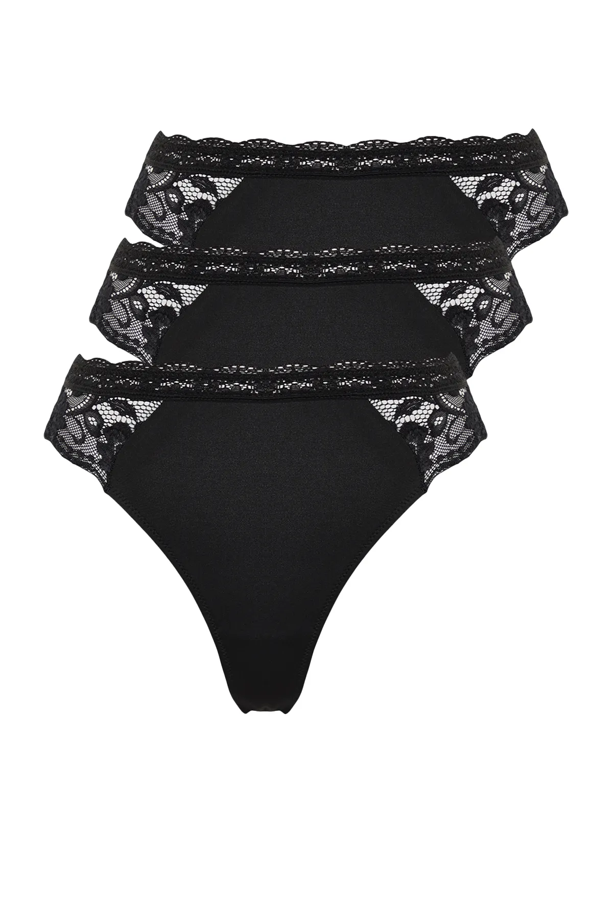 Trendyol Collection  Schwarzer Tanga aus Strick mit Mikrospitze THMSS24KU00013