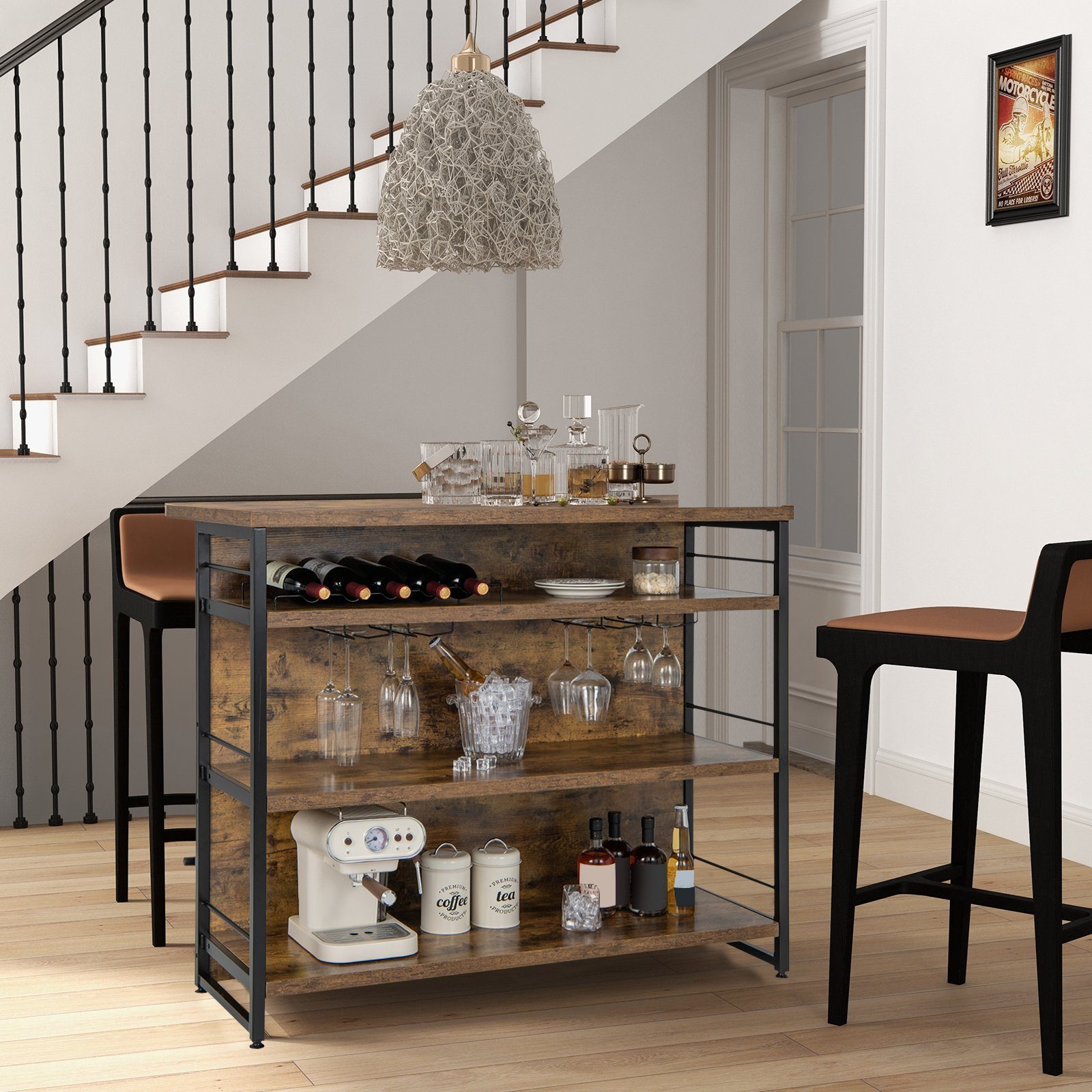 COSTWAY Bartisch, Küchenregal mit Weinregal & Gläserhalter, 120x60x101cm