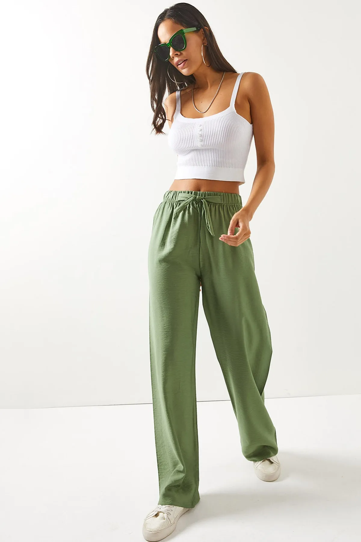 Olalook  Damen-Palazzo-Ayrobin-Hose mit Gürtel und elastischem Bund in Khaki, PNT-19000200