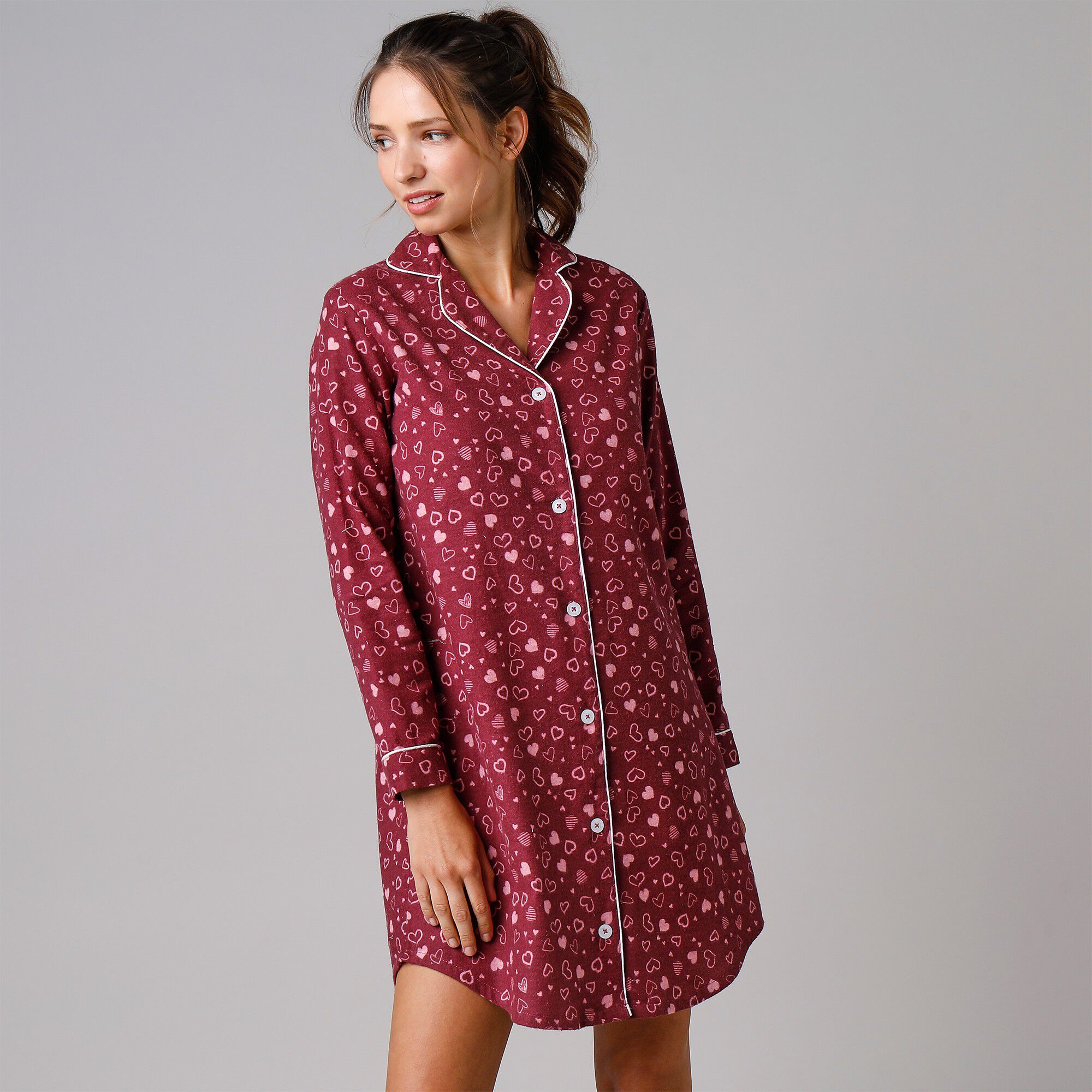 Chemise de nuit en pilou forme liquette imprimé coeur