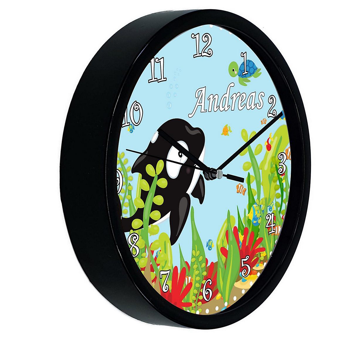 Kinder Wanduhr laufruhig personalisiert mit Name Unterwasserwelt