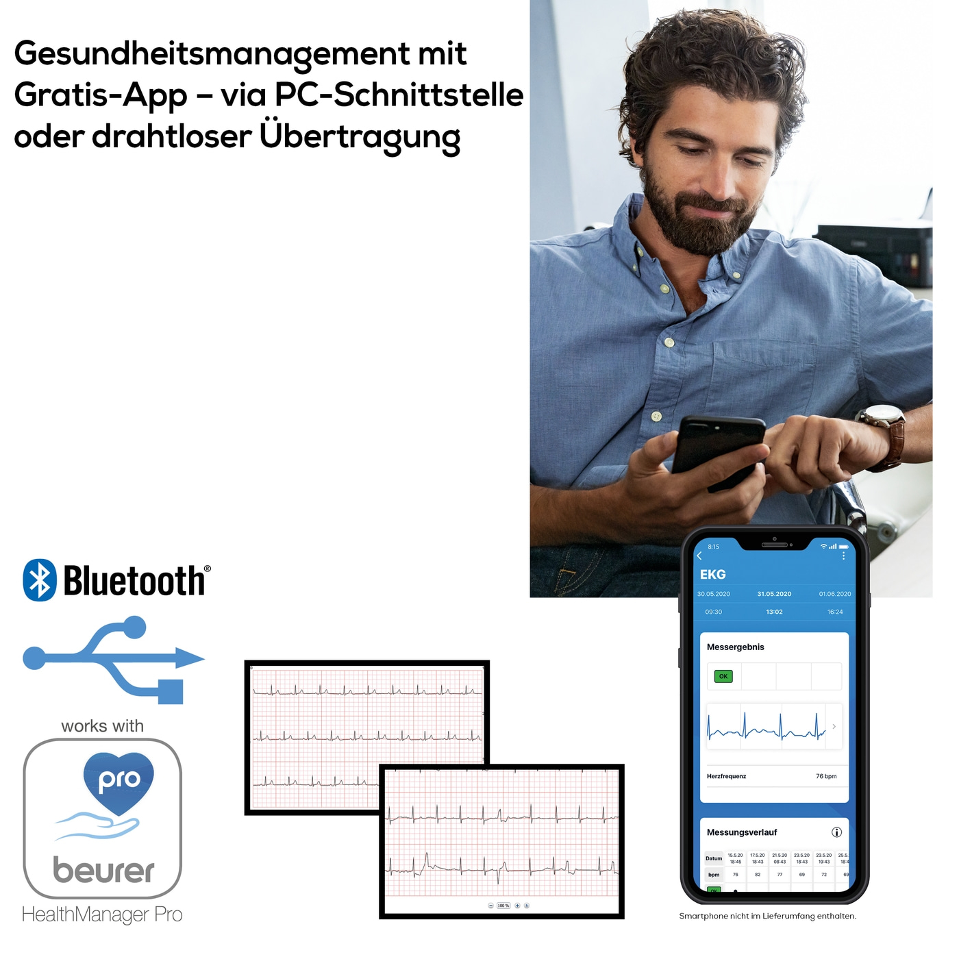 Beurer mobiles EKG-Gerät  ME 90-App-kompatibles & mobiles EKG-Gerät zur Herzrhythmus Aufzeichnung und Kontrolle