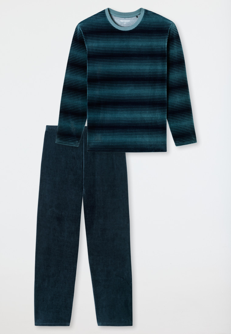 Schlafanzug lang Velour Streifen jeansblau - Casual Nightwear