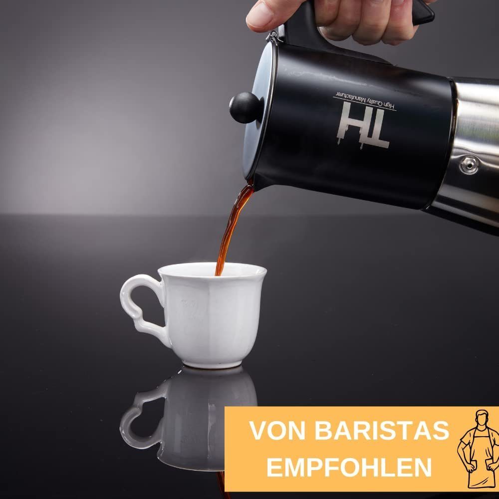 Thiru Espressokocher Espressokocher Induktion , Espressokanne Edelstahl, Edelstahl Filter, Premium Mokkakanne aus Edelstahl inkl. Toolset